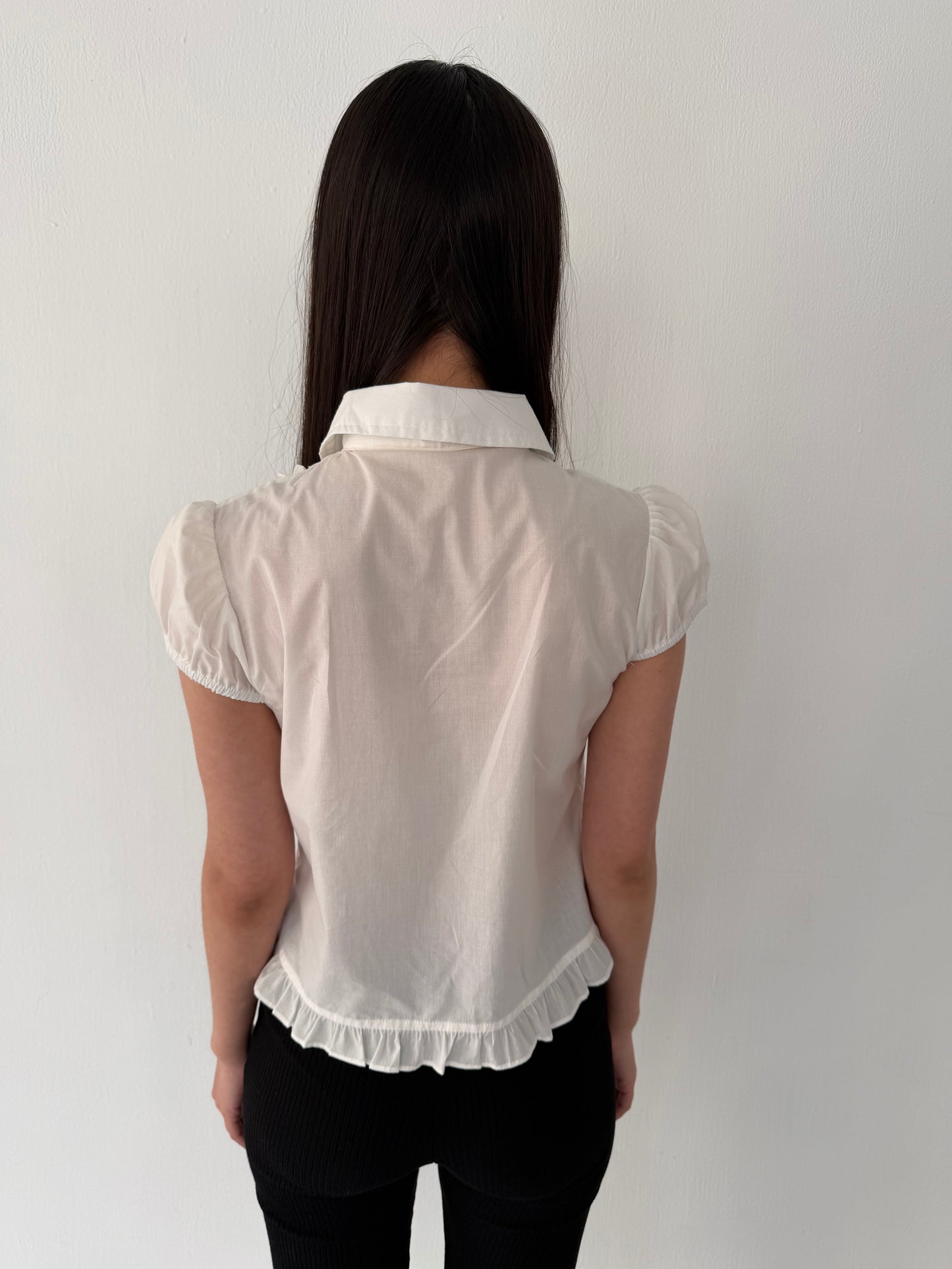 Lace-trimmed flutter sleeve shirt