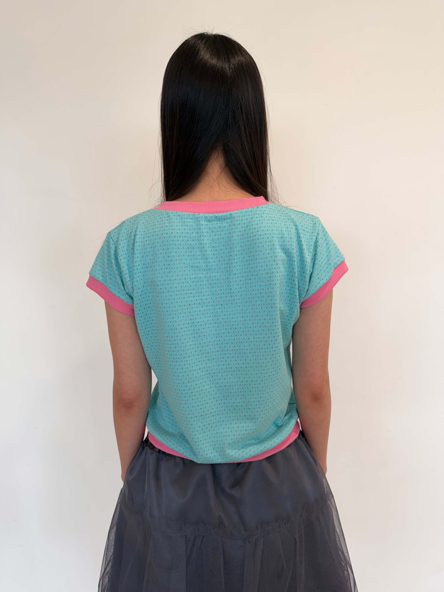 Candy-colored short-sleeved V-neck top