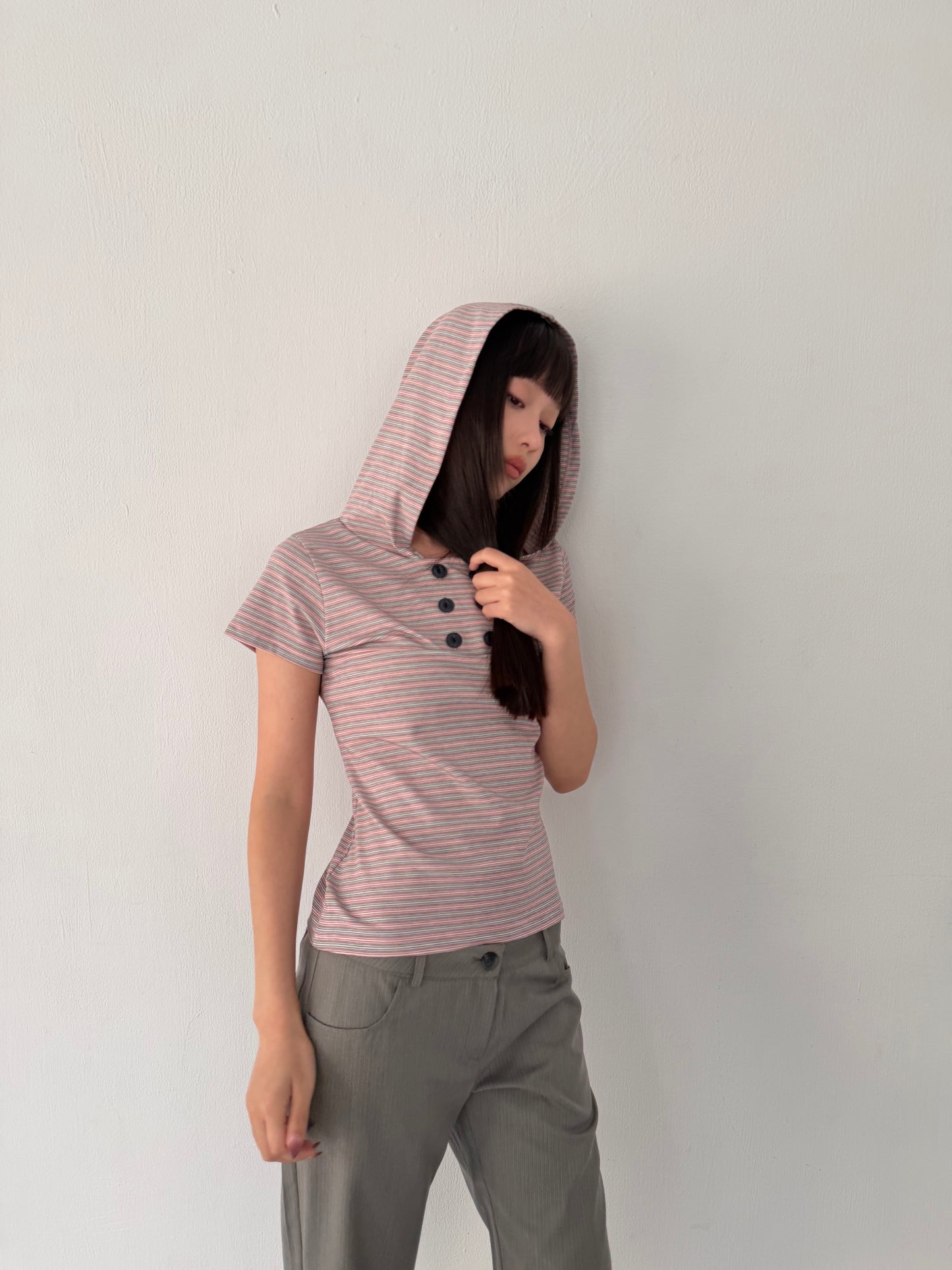 Striped button-down hooded short-sleeved top