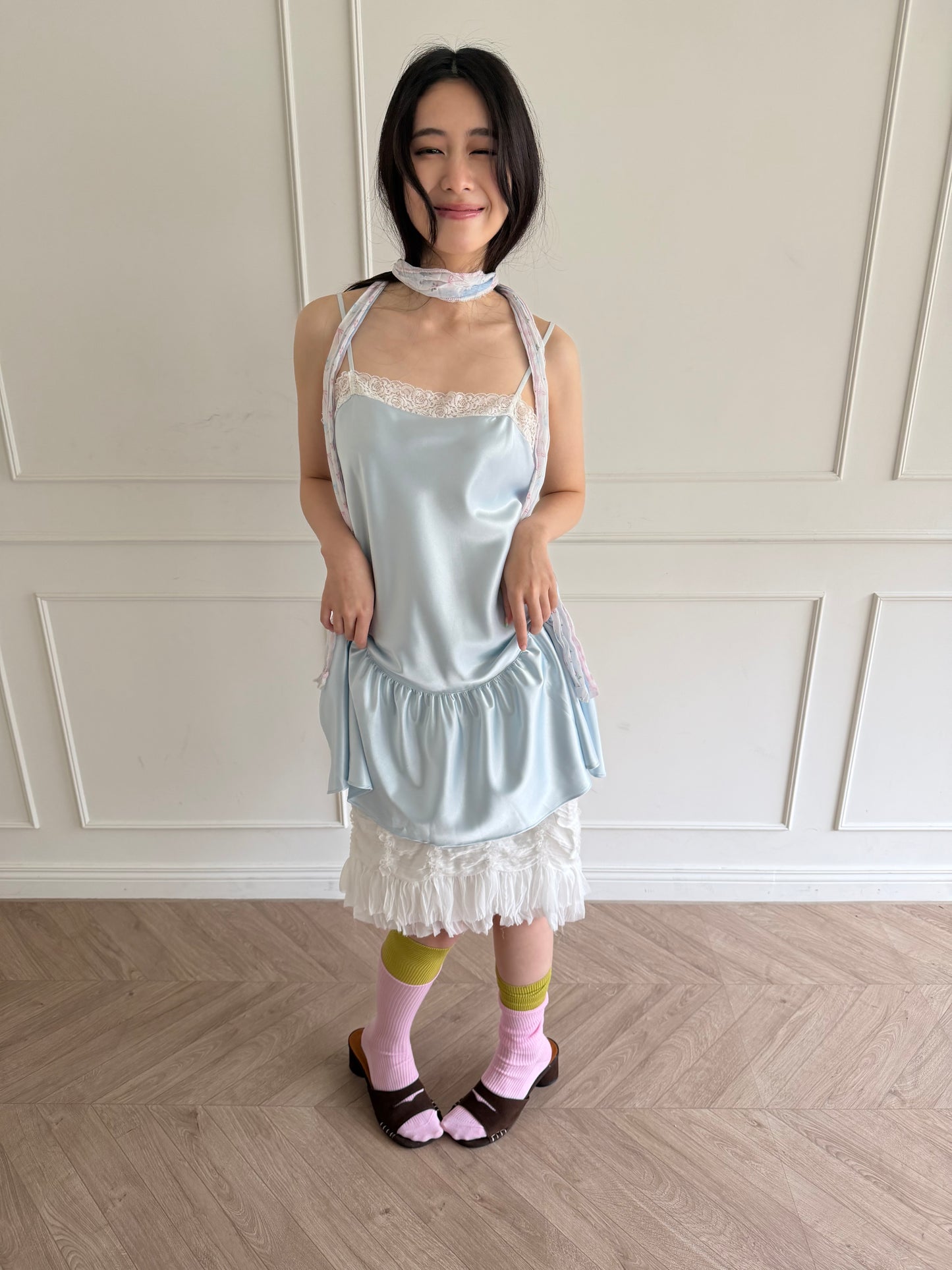 Thin-strap satin lace-trimmed camisole dress