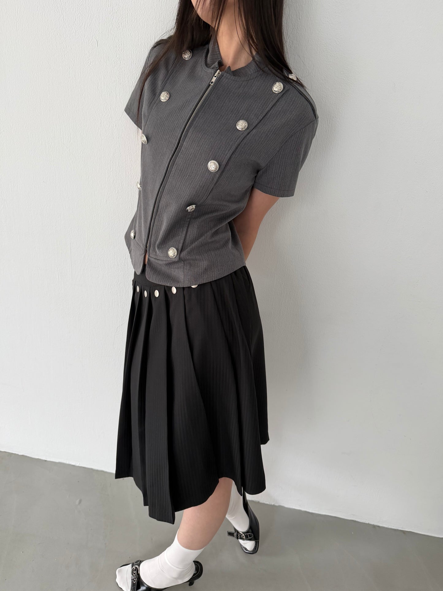 Studded striped suit pleated skirt