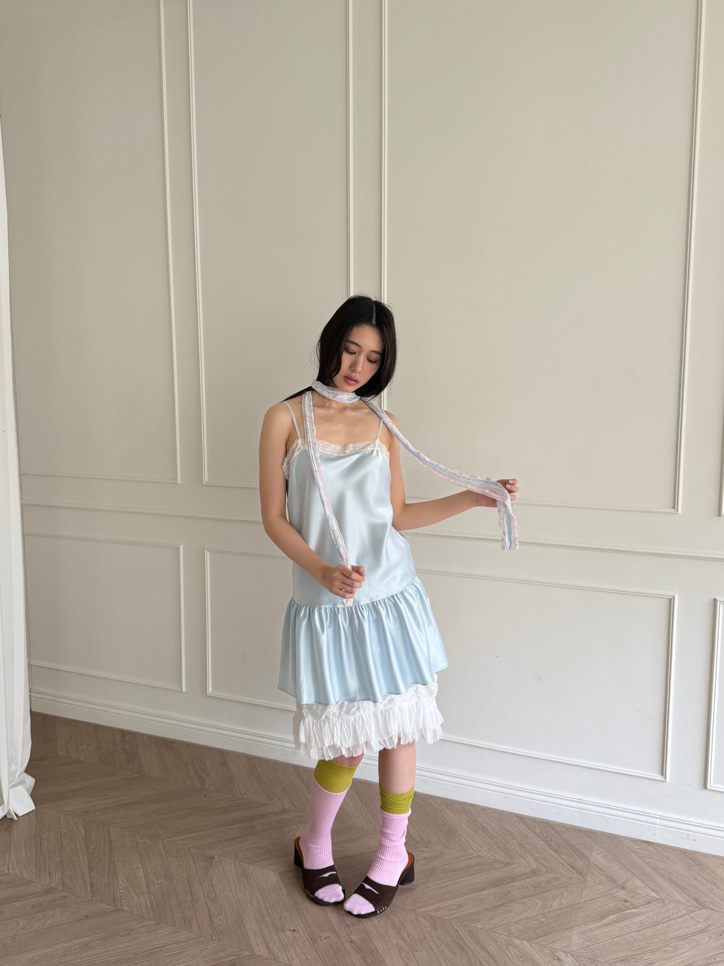 Thin-strap satin lace-trimmed camisole dress