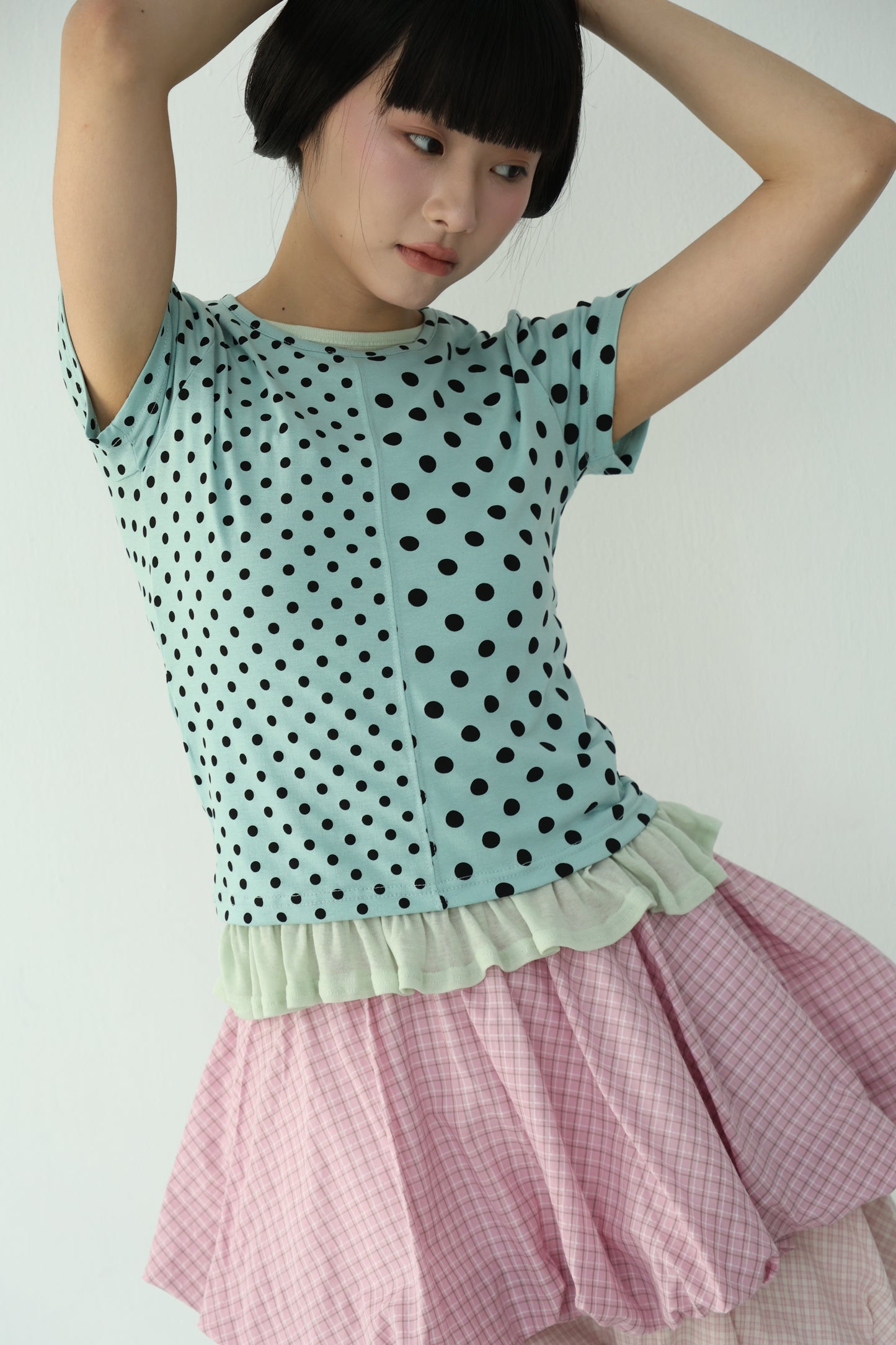 polka dot patchwork short-sleeved top