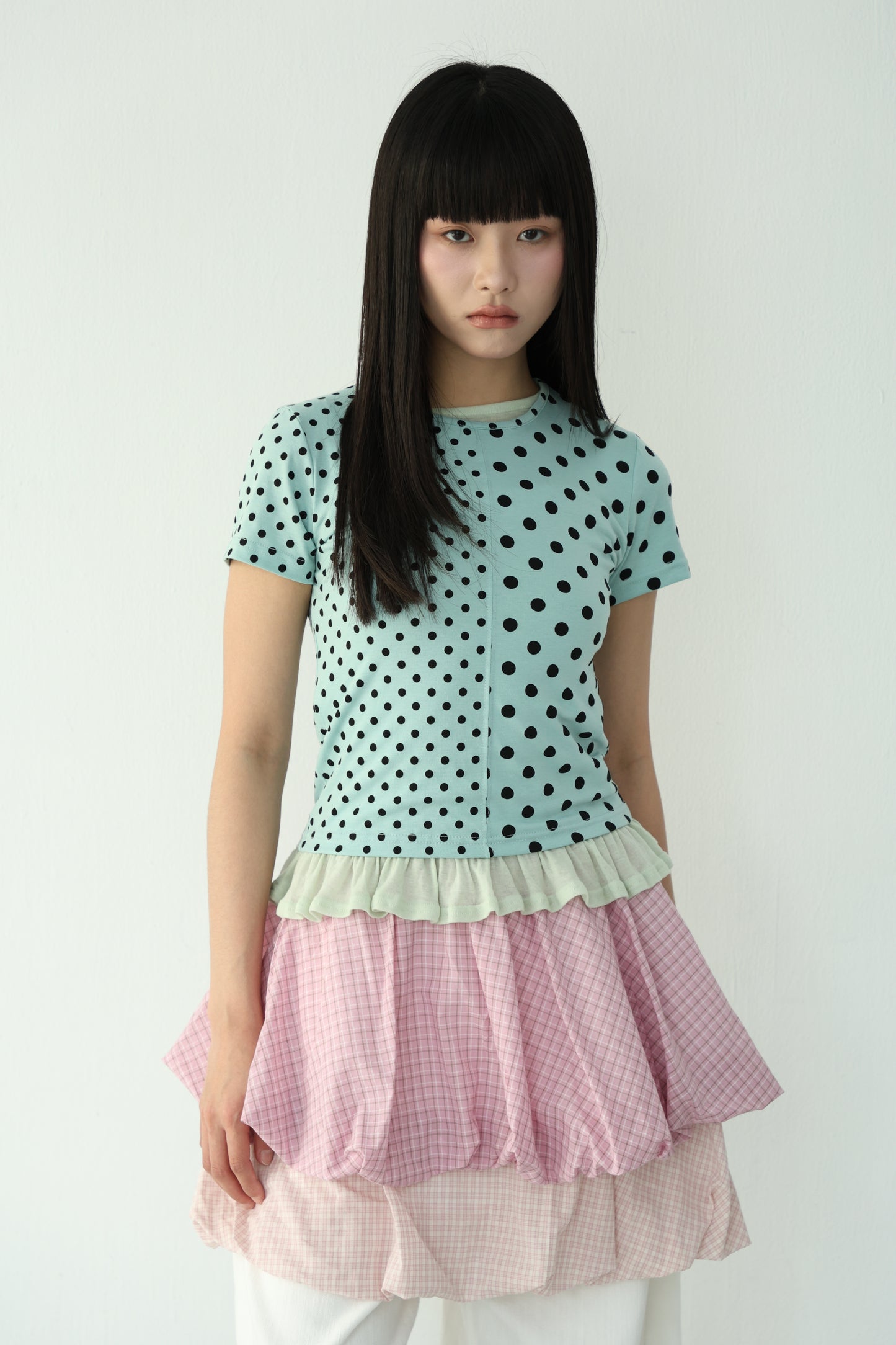 polka dot patchwork short-sleeved top