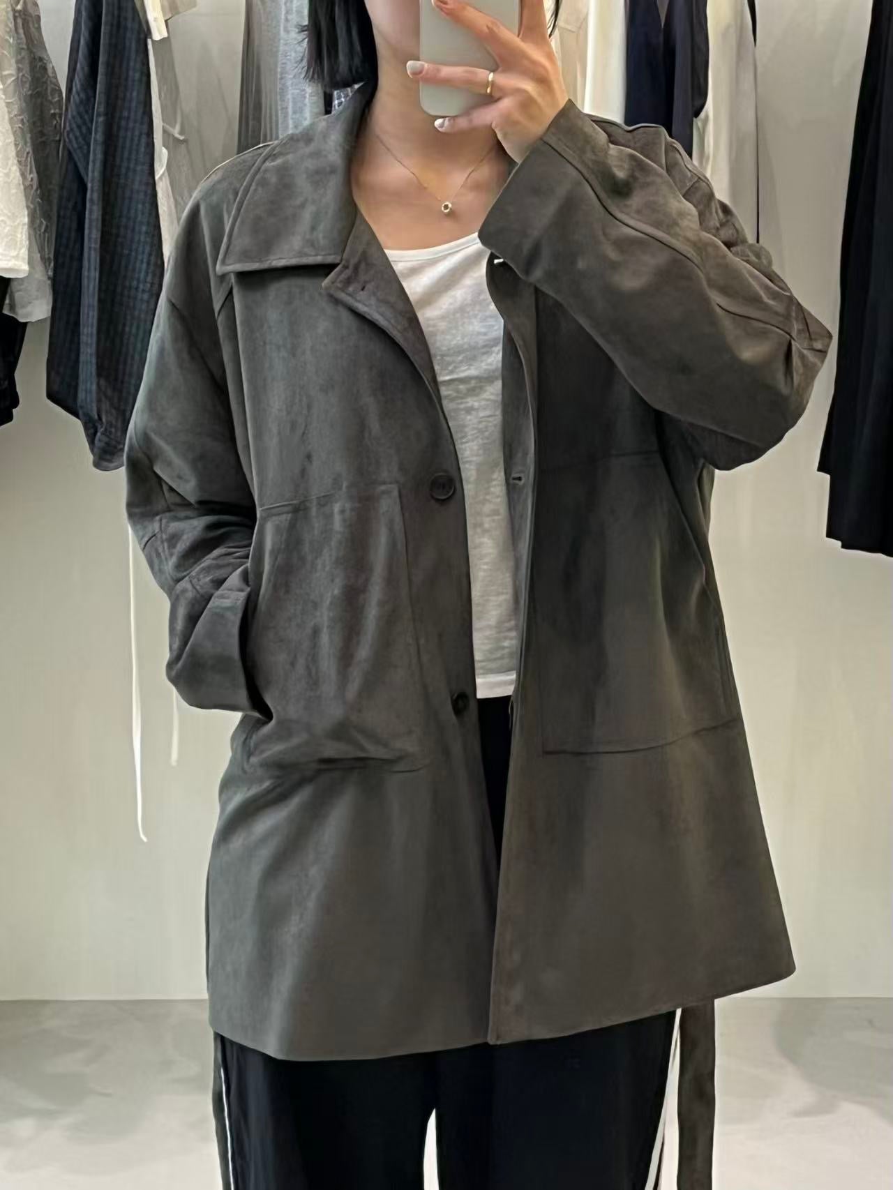 韓國製 麂皮感綁帶長版大衣