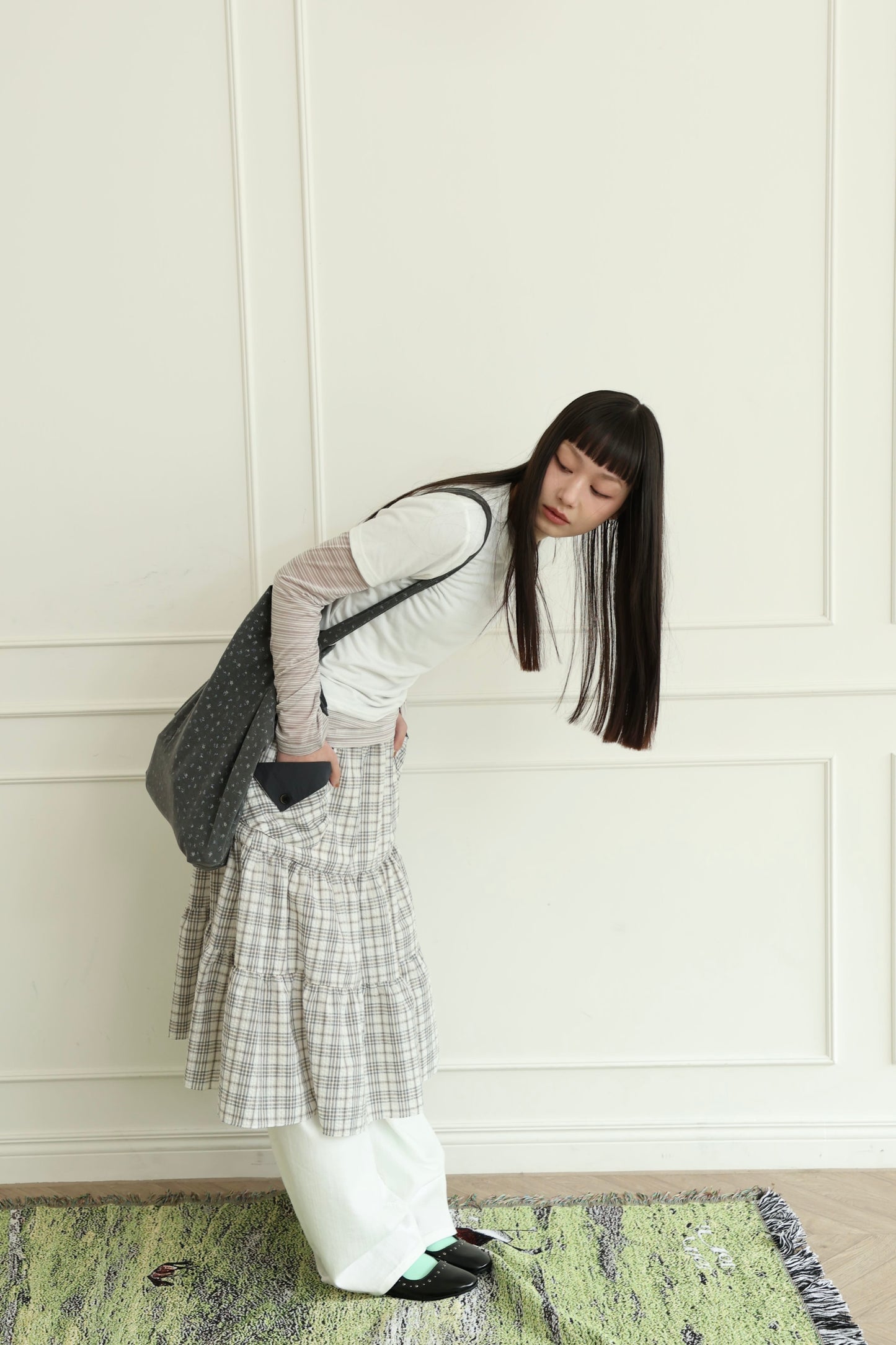 Pancake Check Button Midi Skirt