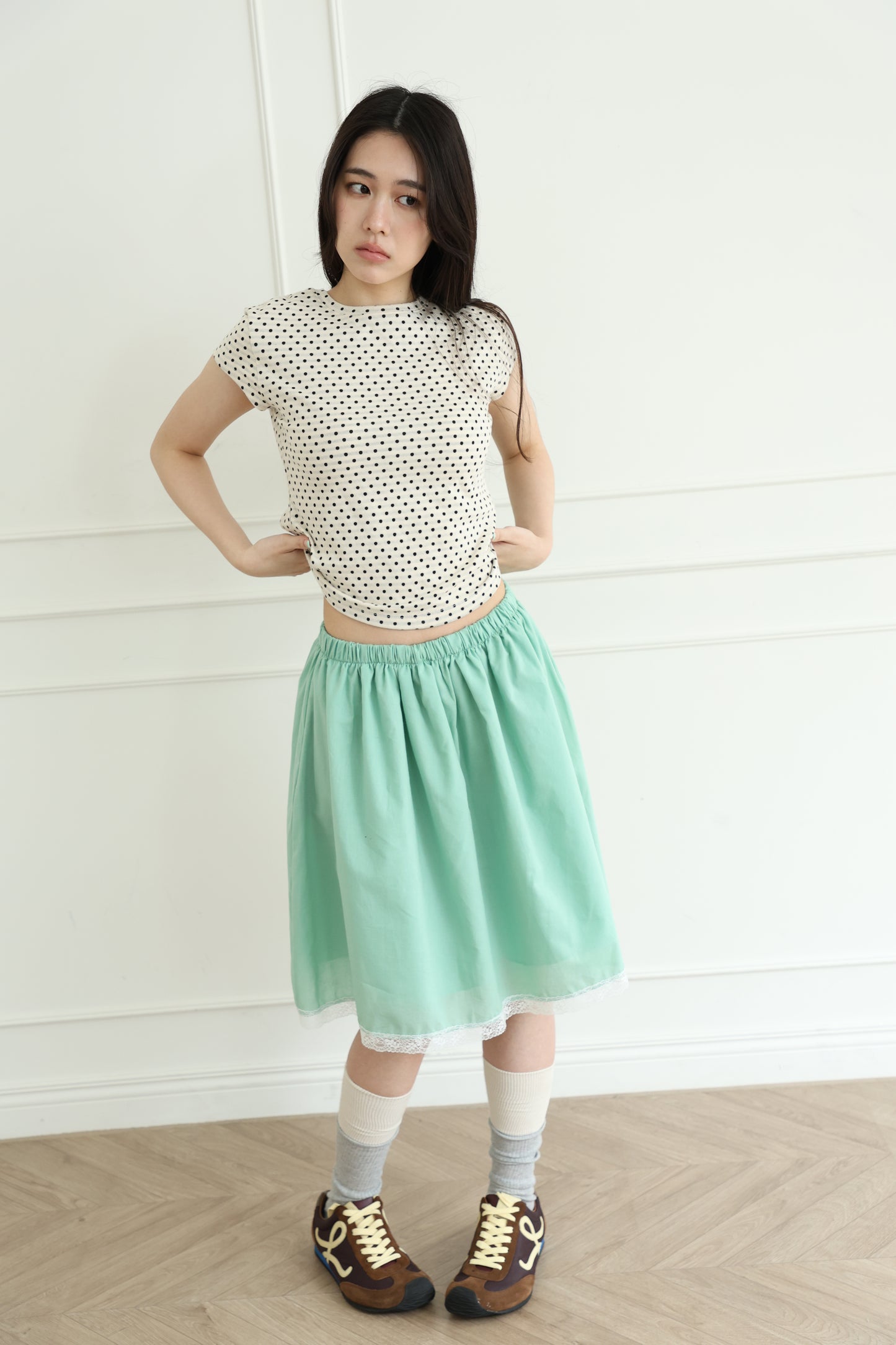 polka dot top with off-shoulder design