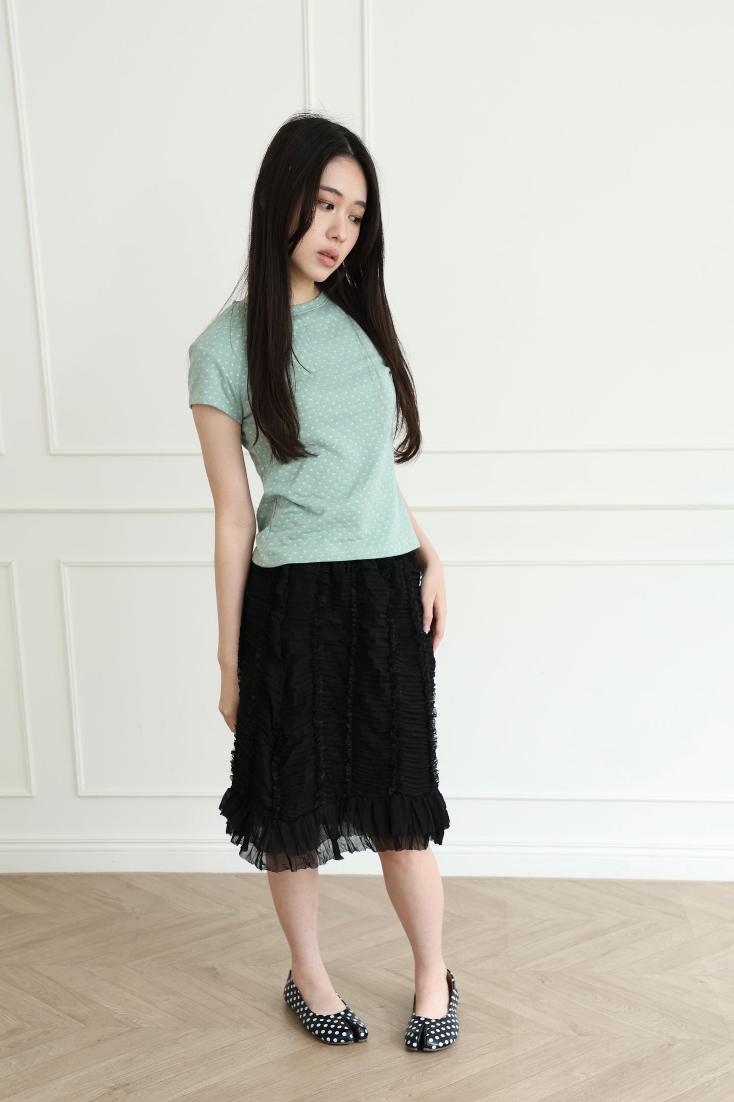 polka dot top with off-shoulder design