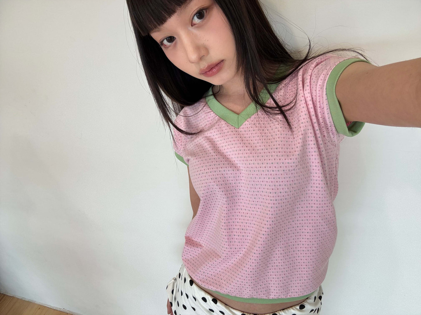 Candy-colored short-sleeved V-neck top