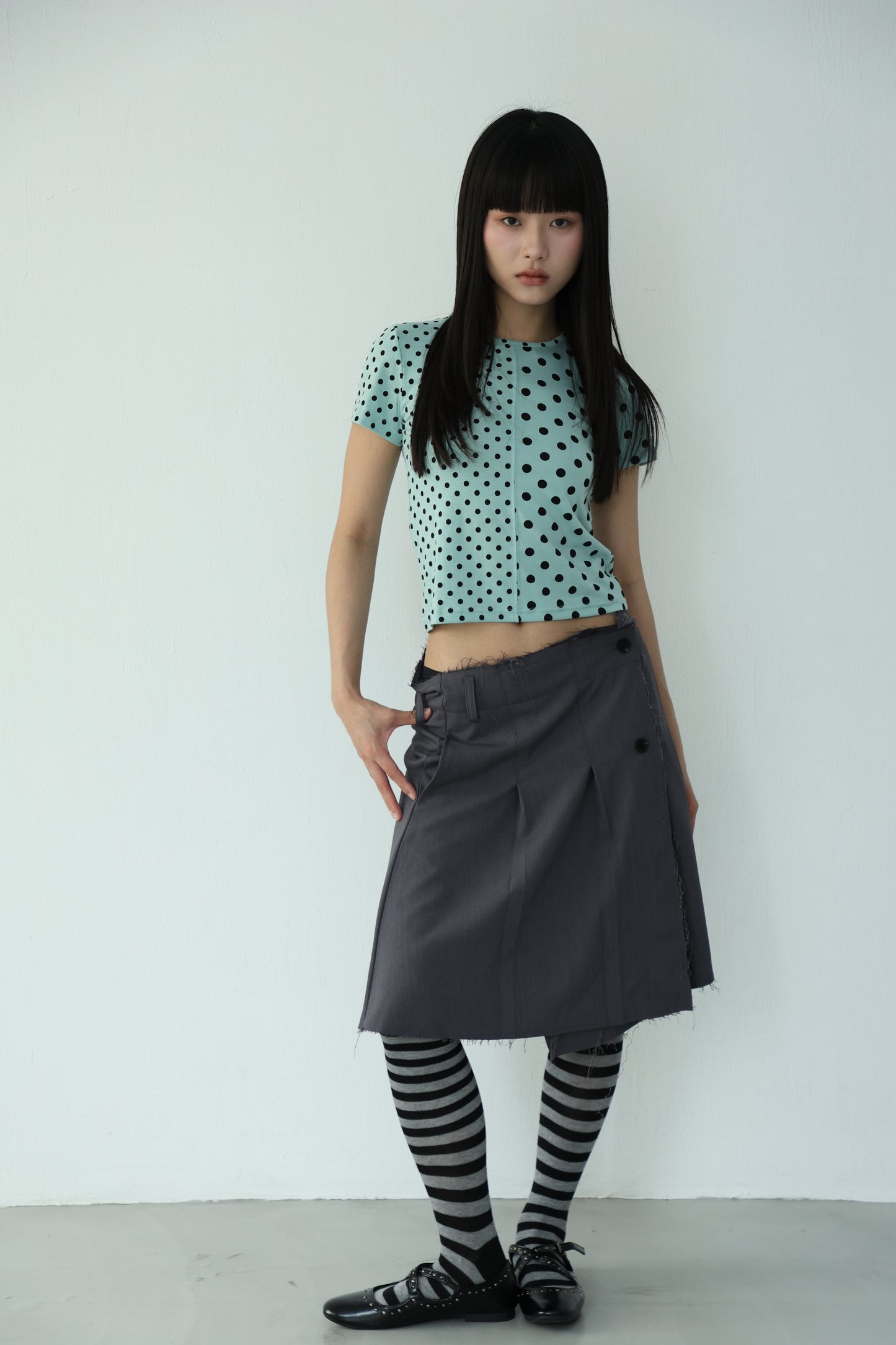polka dot patchwork short-sleeved top