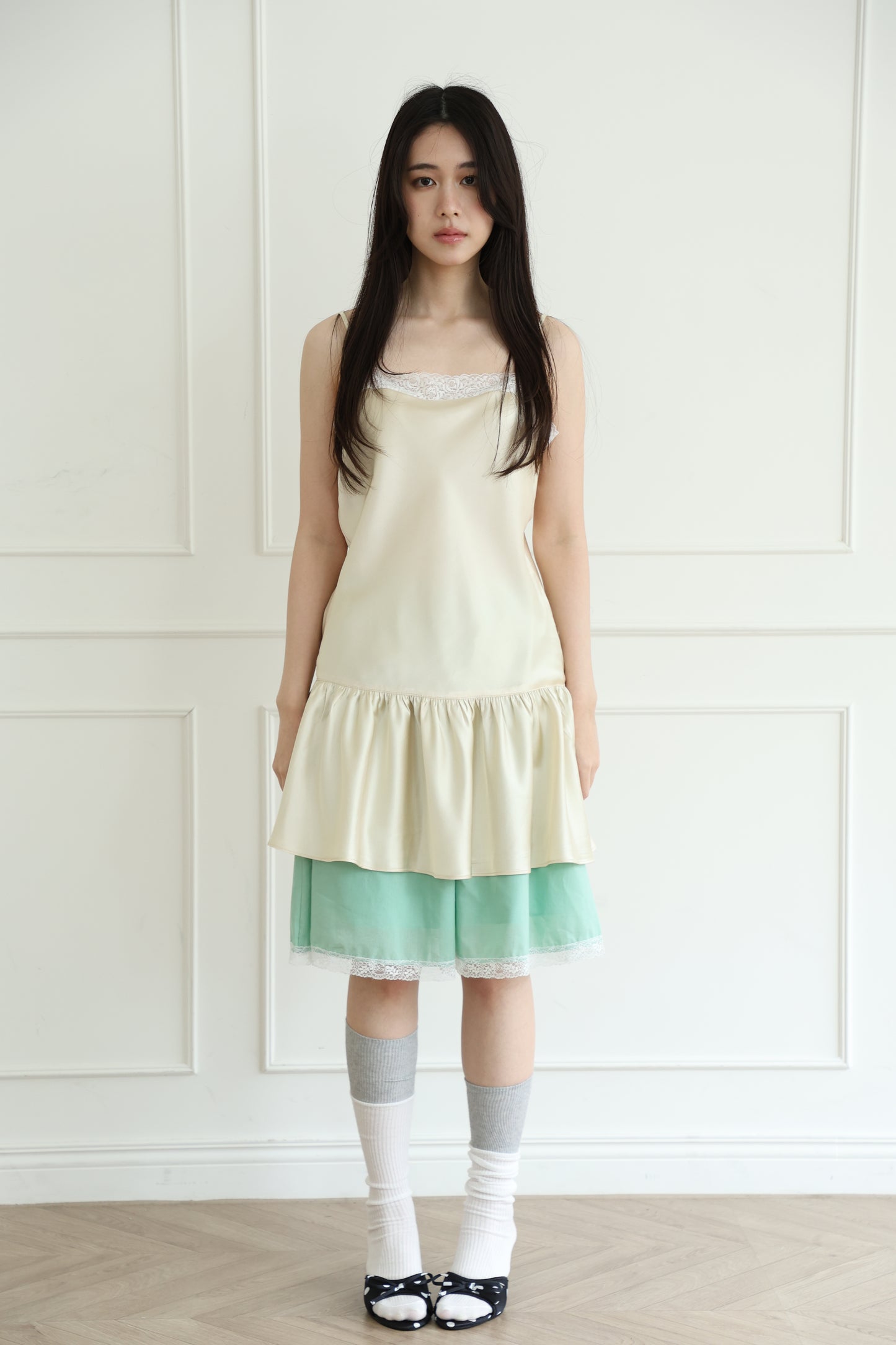 Thin-strap satin lace-trimmed camisole dress