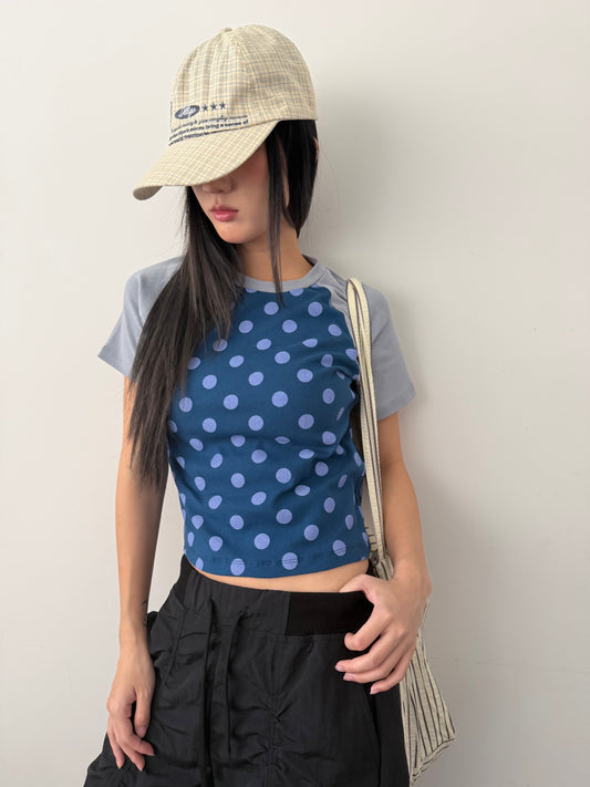 Large polka dot patchwork sleeve T-shirt