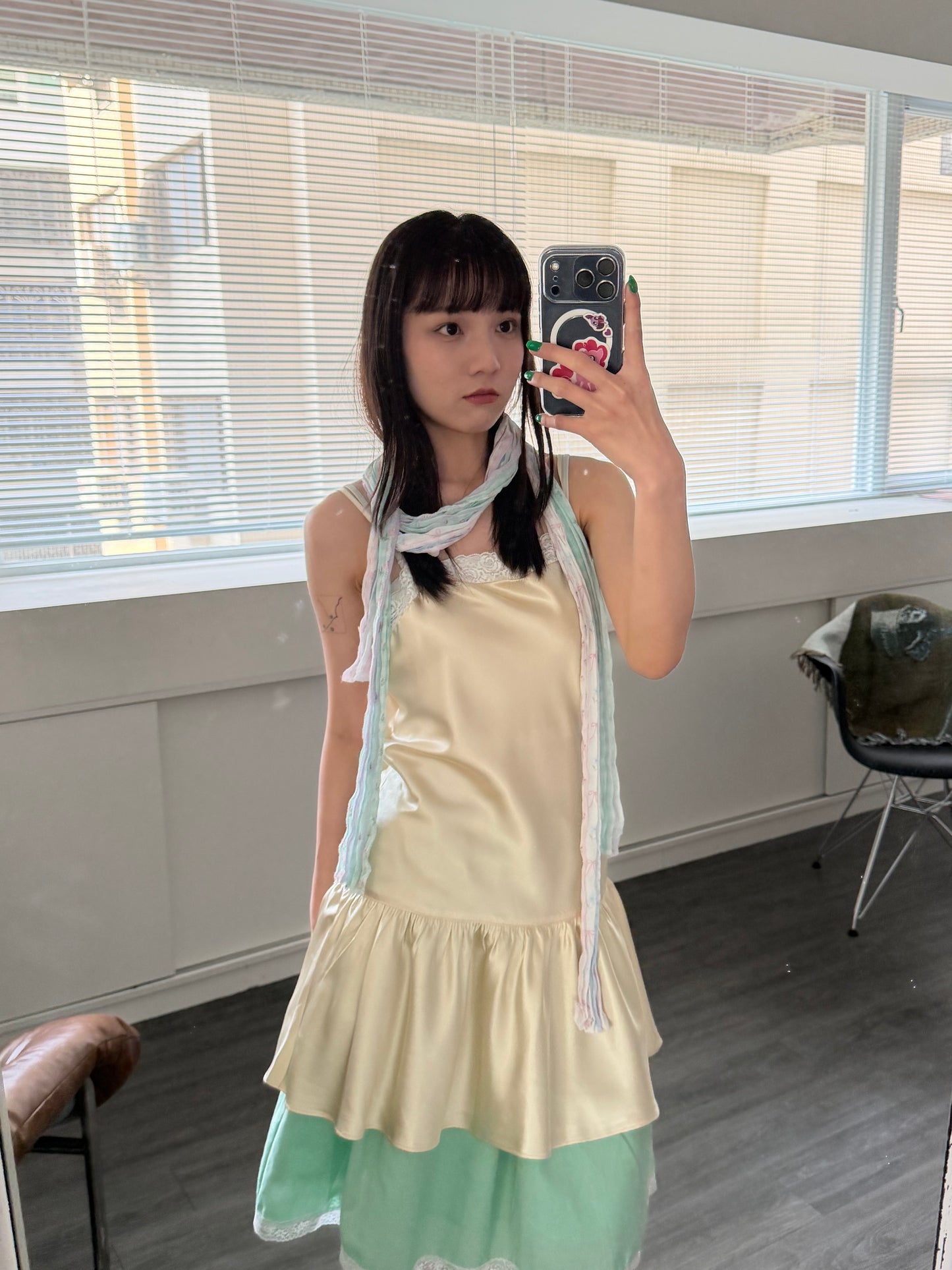 Thin-strap satin lace-trimmed camisole dress