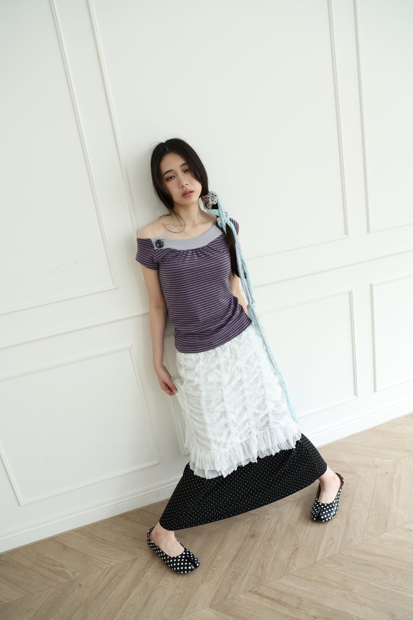 Button-up striped off-shoulder top