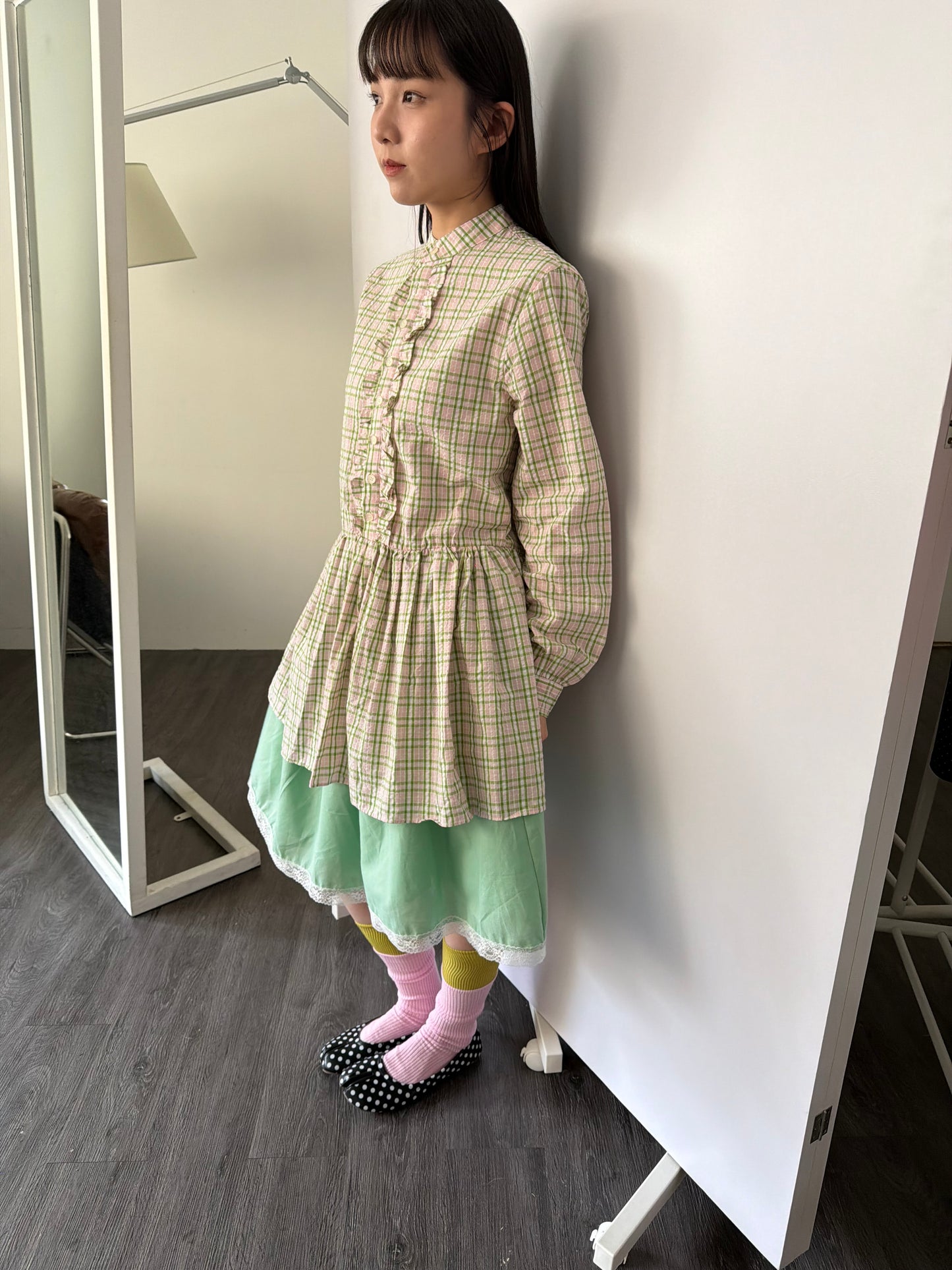 Plaid lace shirt dress