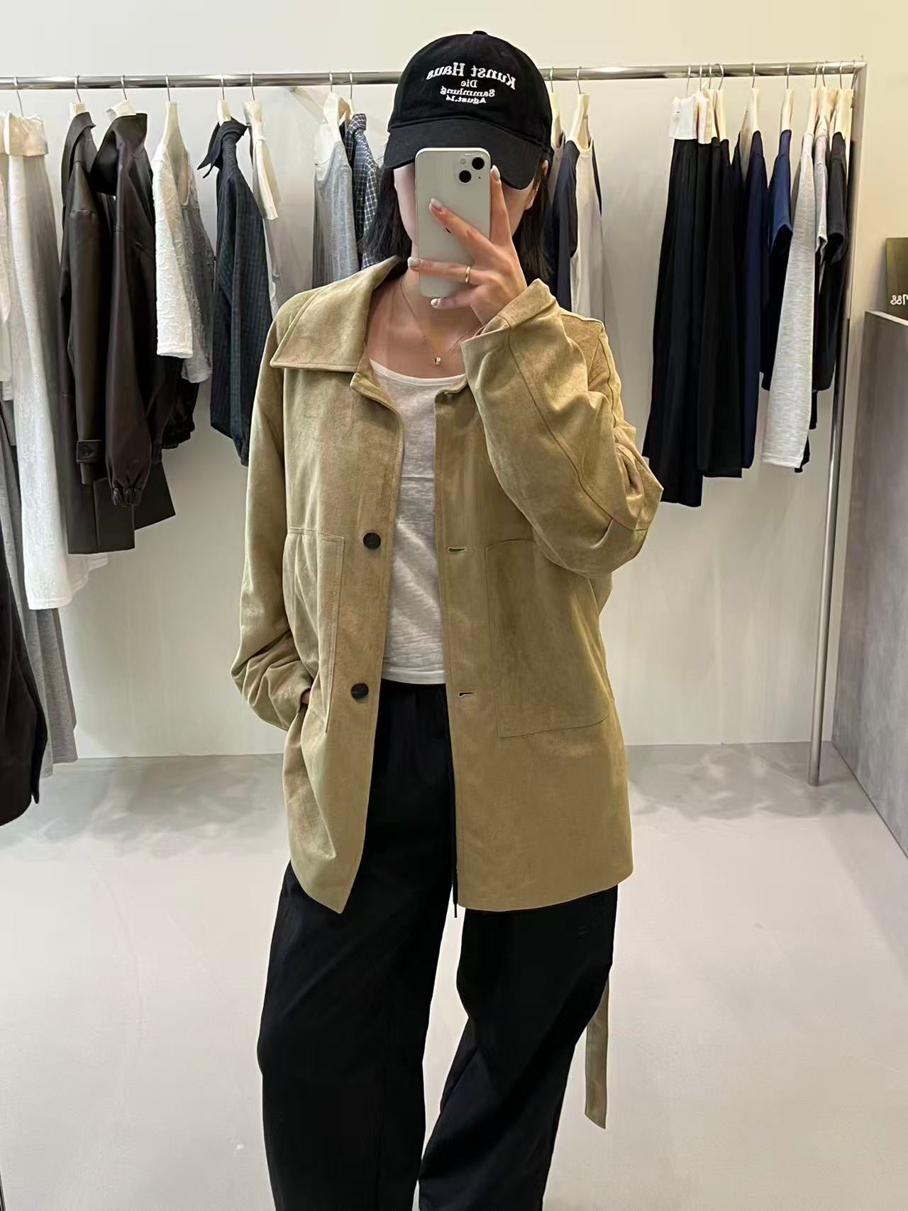 韓國製 麂皮感綁帶長版大衣
