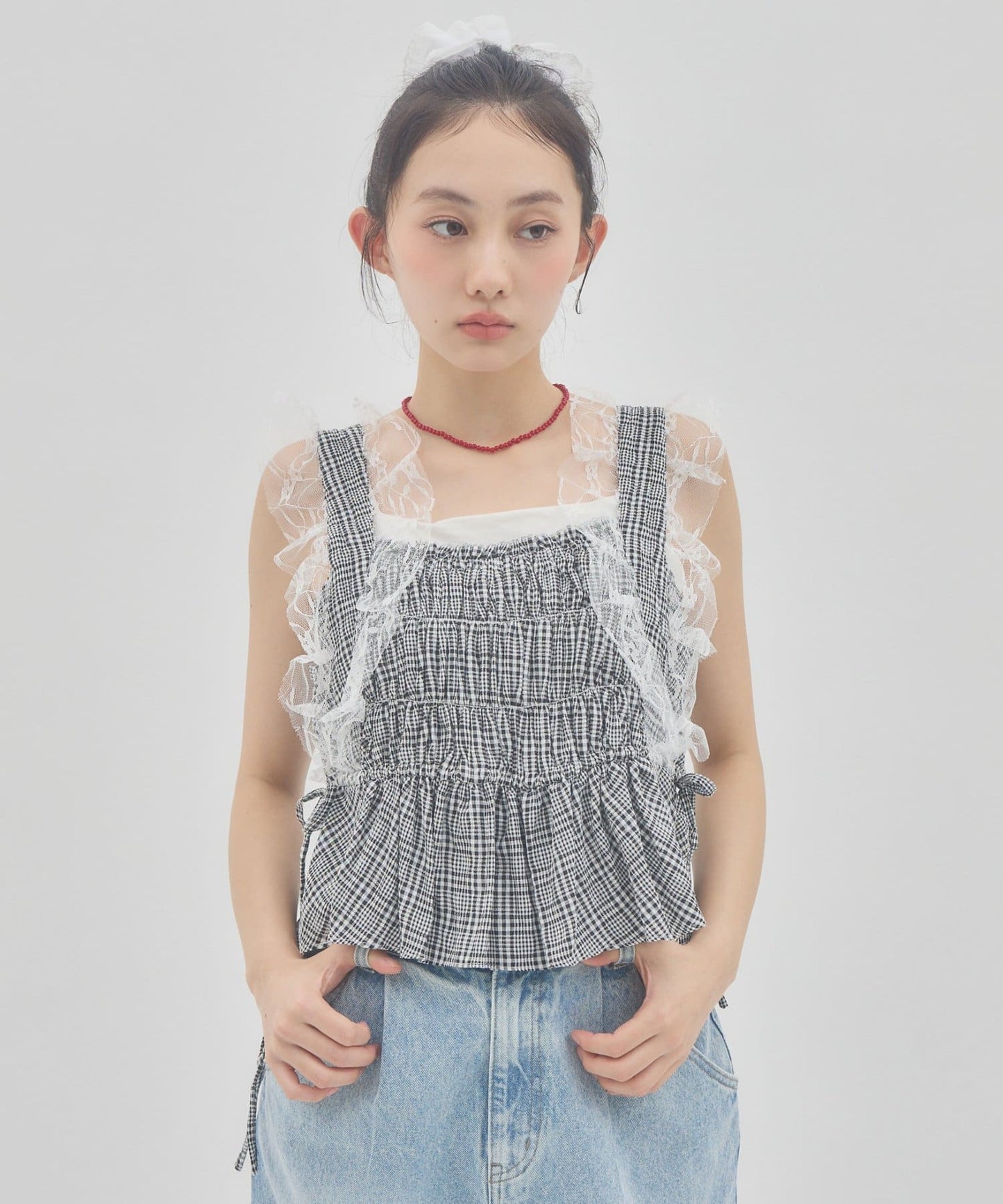 （sale 至8/23 22:00）蕾絲肩帶抓皺背心