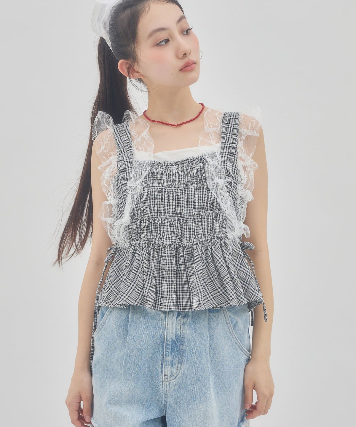 （sale 至8/23 22:00）蕾絲肩帶抓皺背心