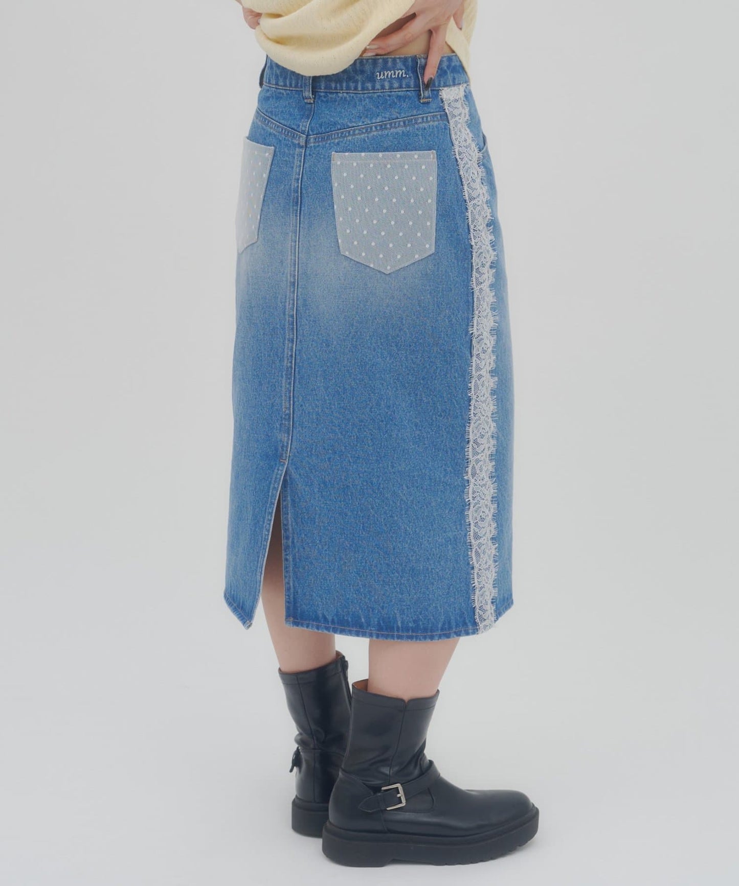 （sale 至8/23 22:00）側邊蕾絲中長牛仔裙