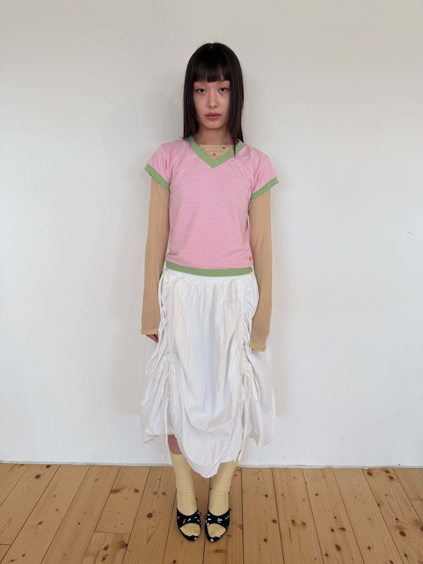 Candy-colored short-sleeved V-neck top