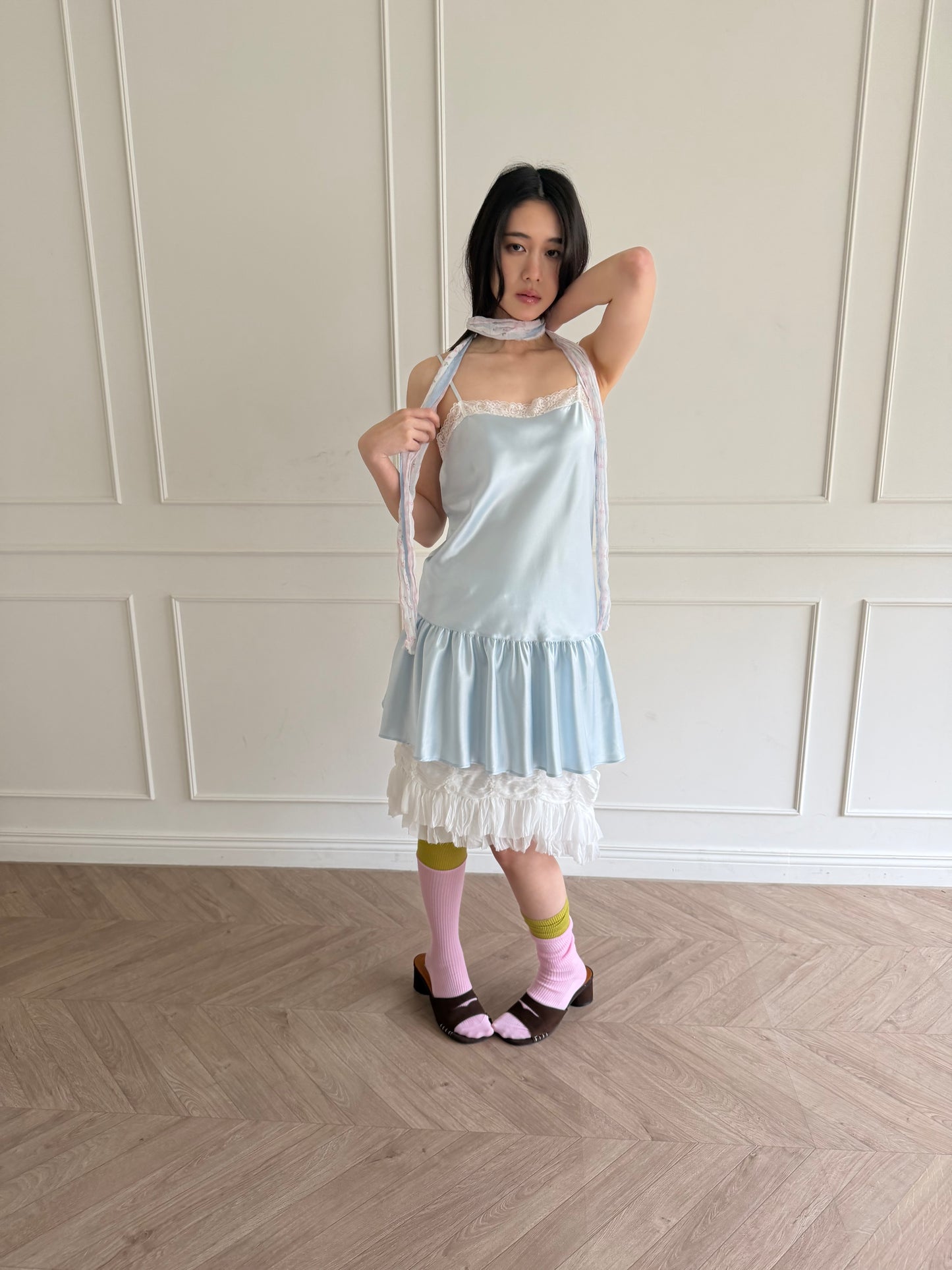 Thin-strap satin lace-trimmed camisole dress