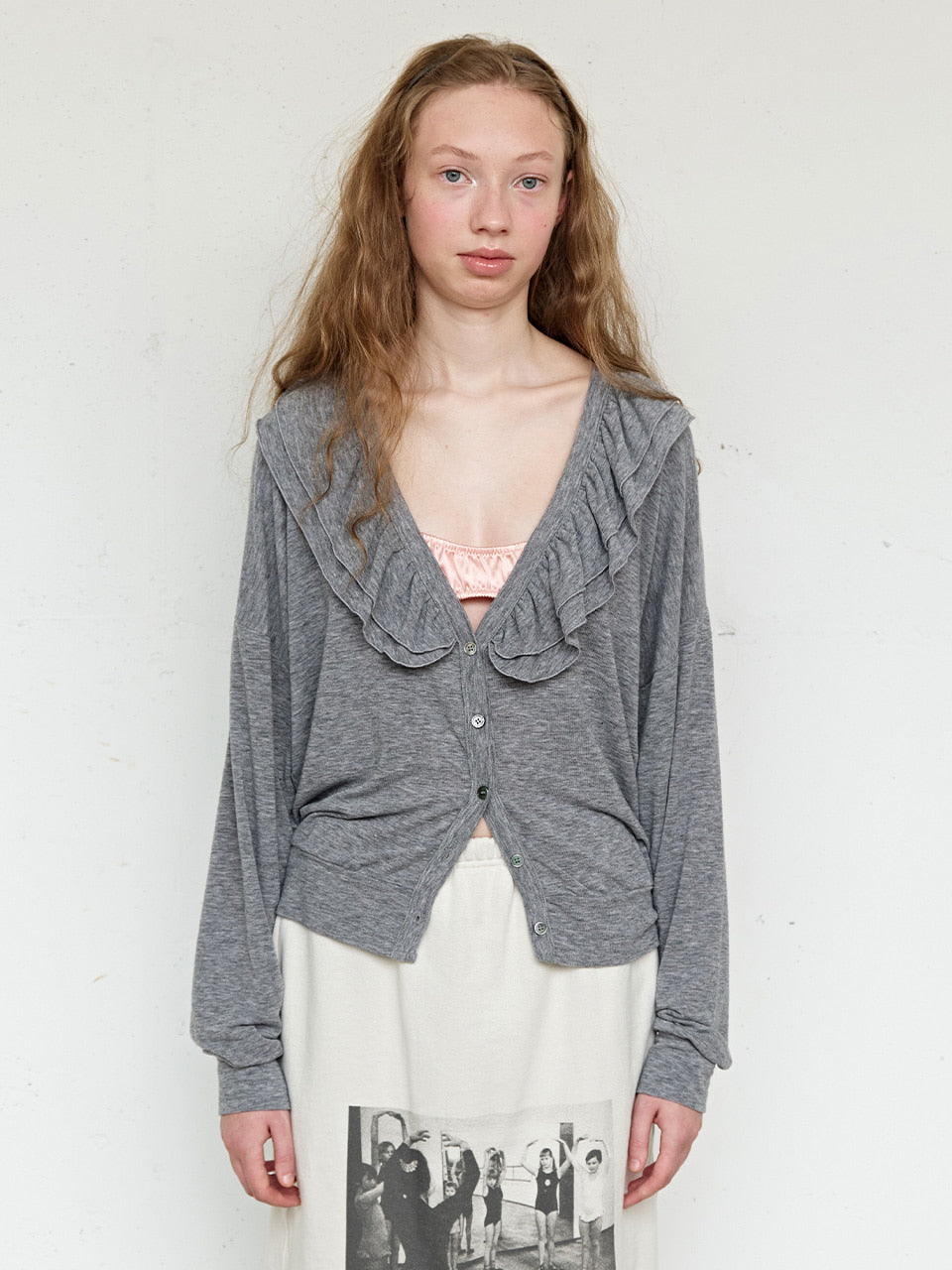 FUN FROM FUN Moody Frill Cardigan, Melange Grey