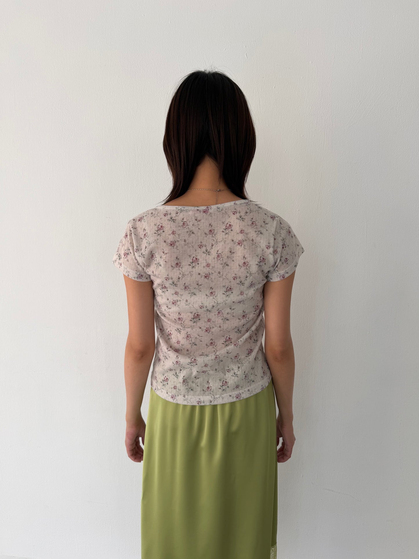 Floral Button Elastic Short-Sleeve