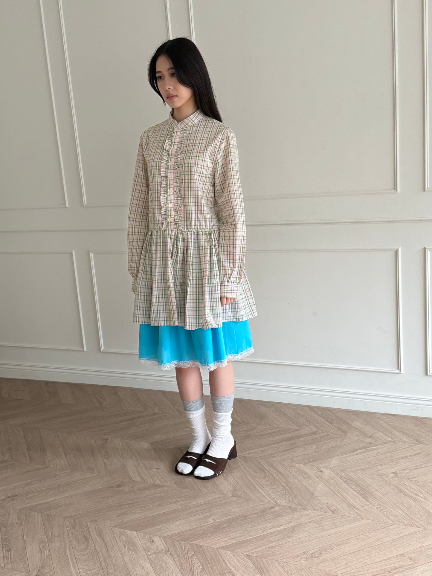Plaid lace shirt dress
