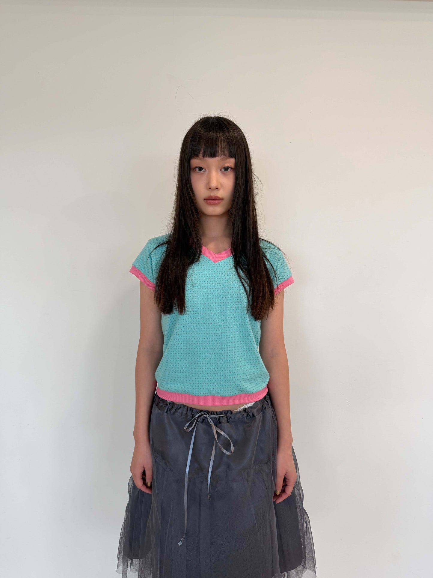 Candy-colored short-sleeved V-neck top
