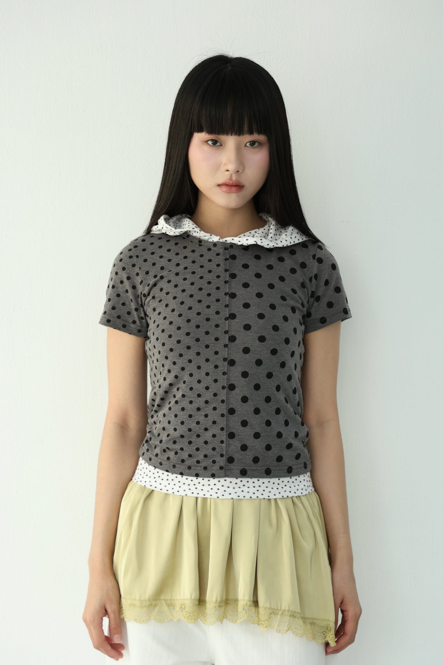 polka dot patchwork short-sleeved top