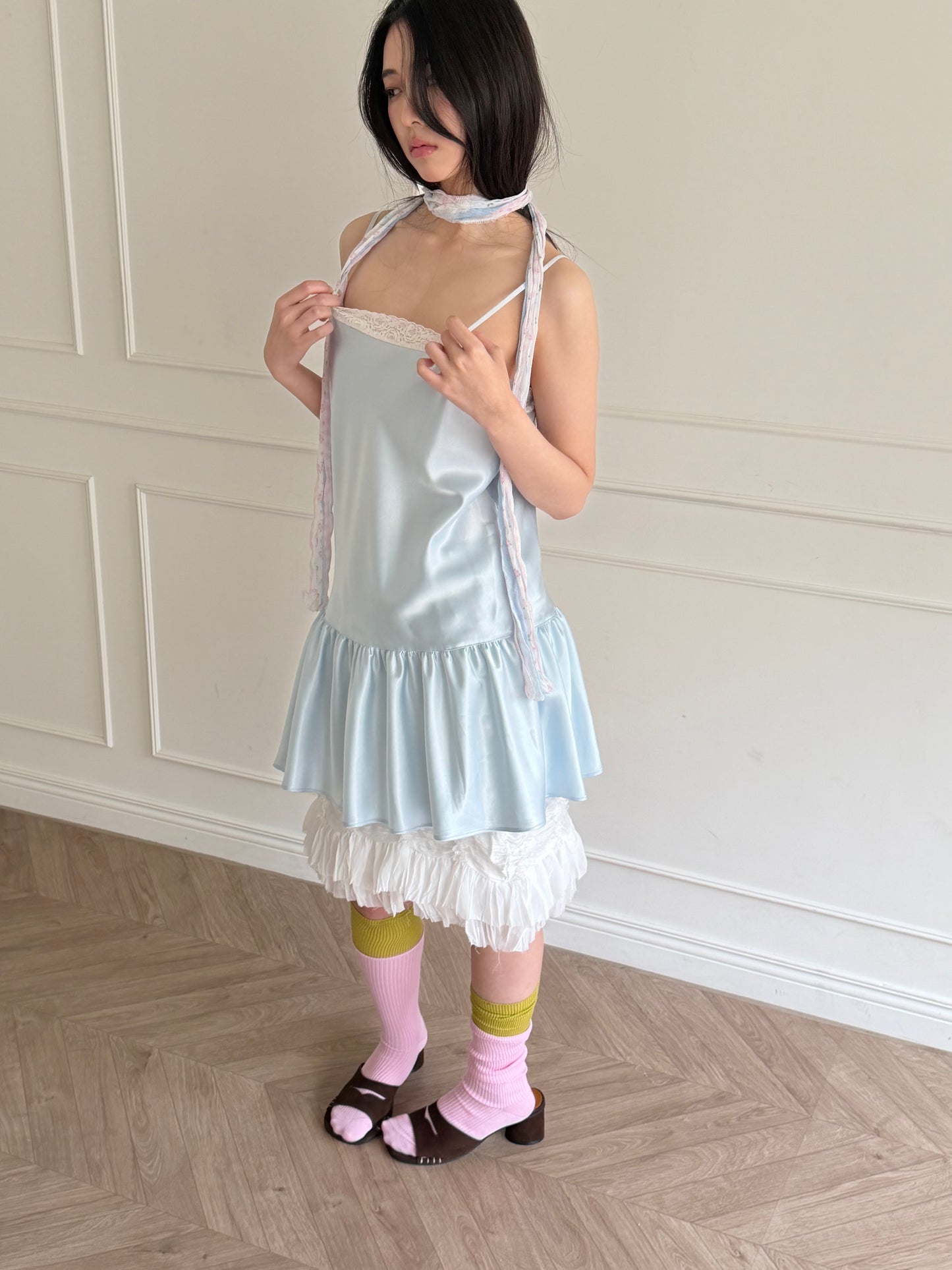 Thin-strap satin lace-trimmed camisole dress