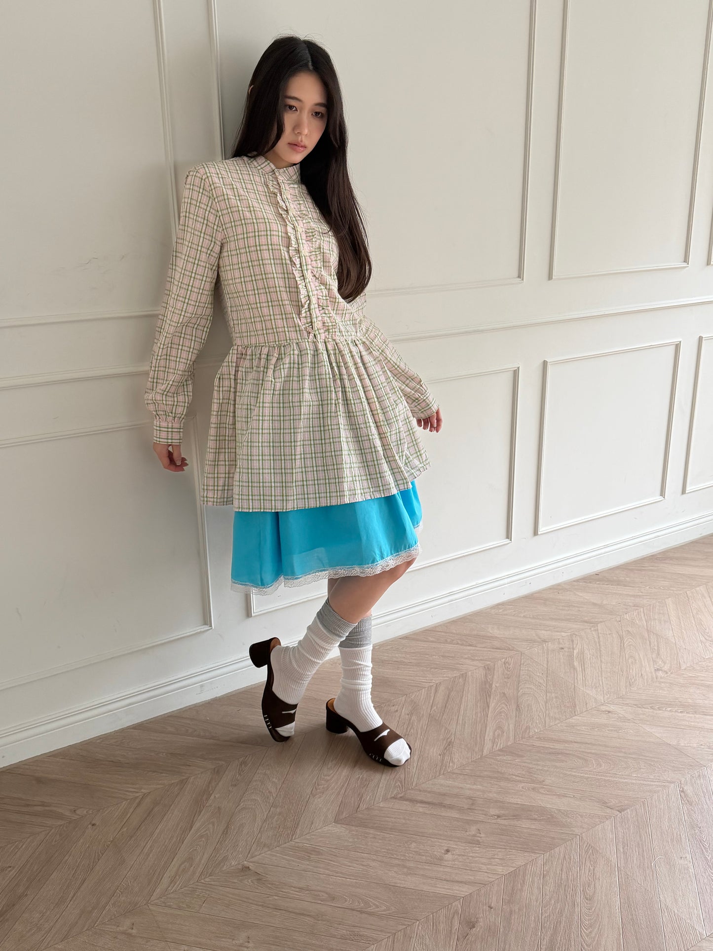 Plaid lace shirt dress