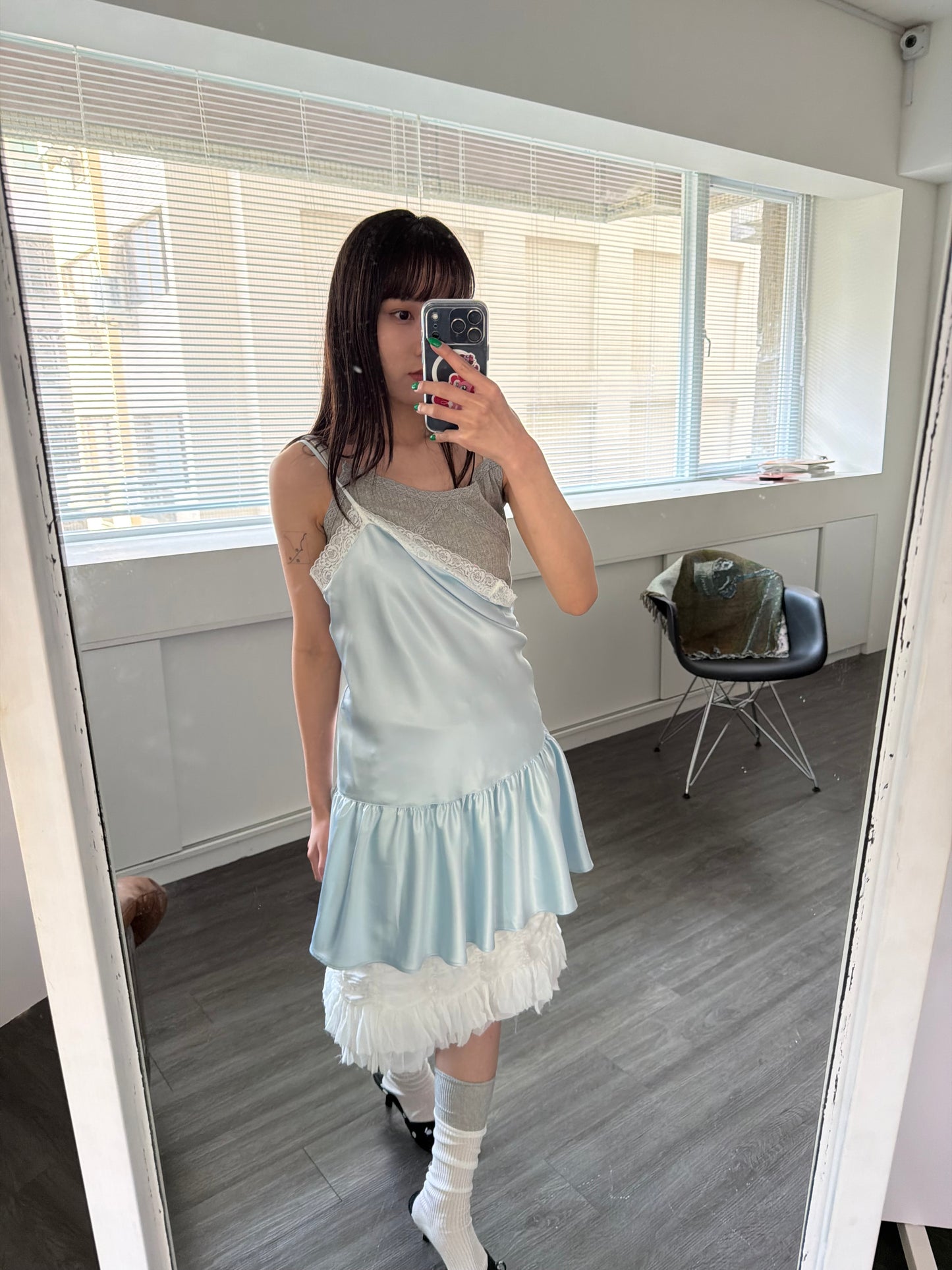 Thin-strap satin lace-trimmed camisole dress