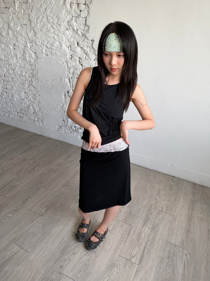 Lace color-blocked cotton skirt