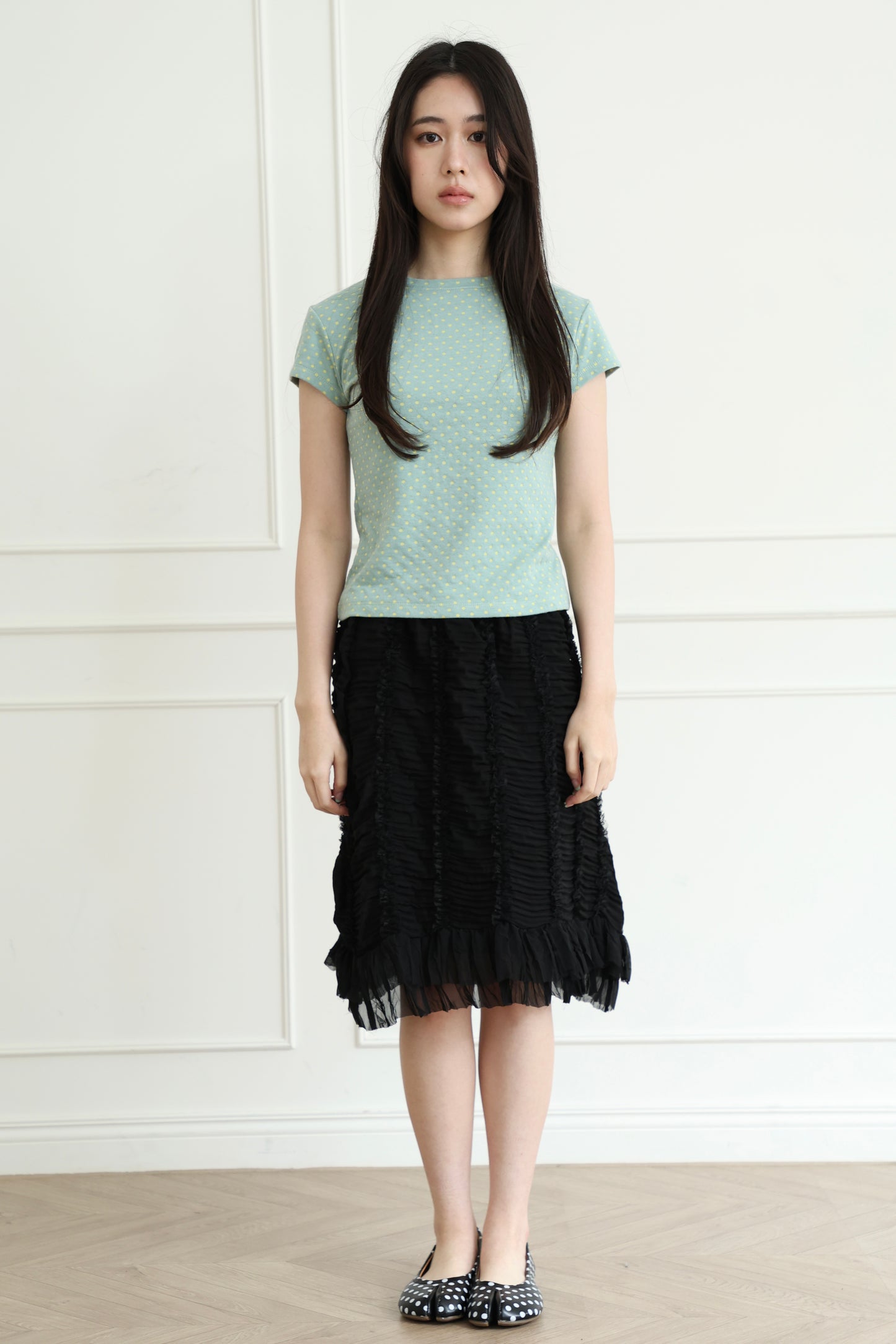 polka dot top with off-shoulder design