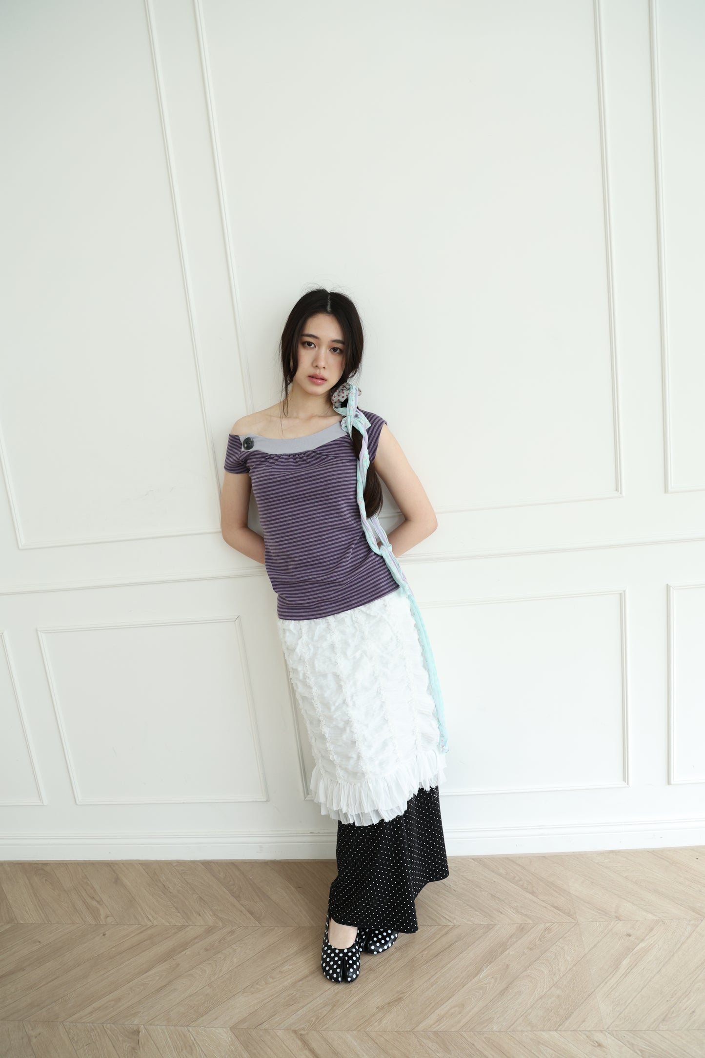 Button-up striped off-shoulder top