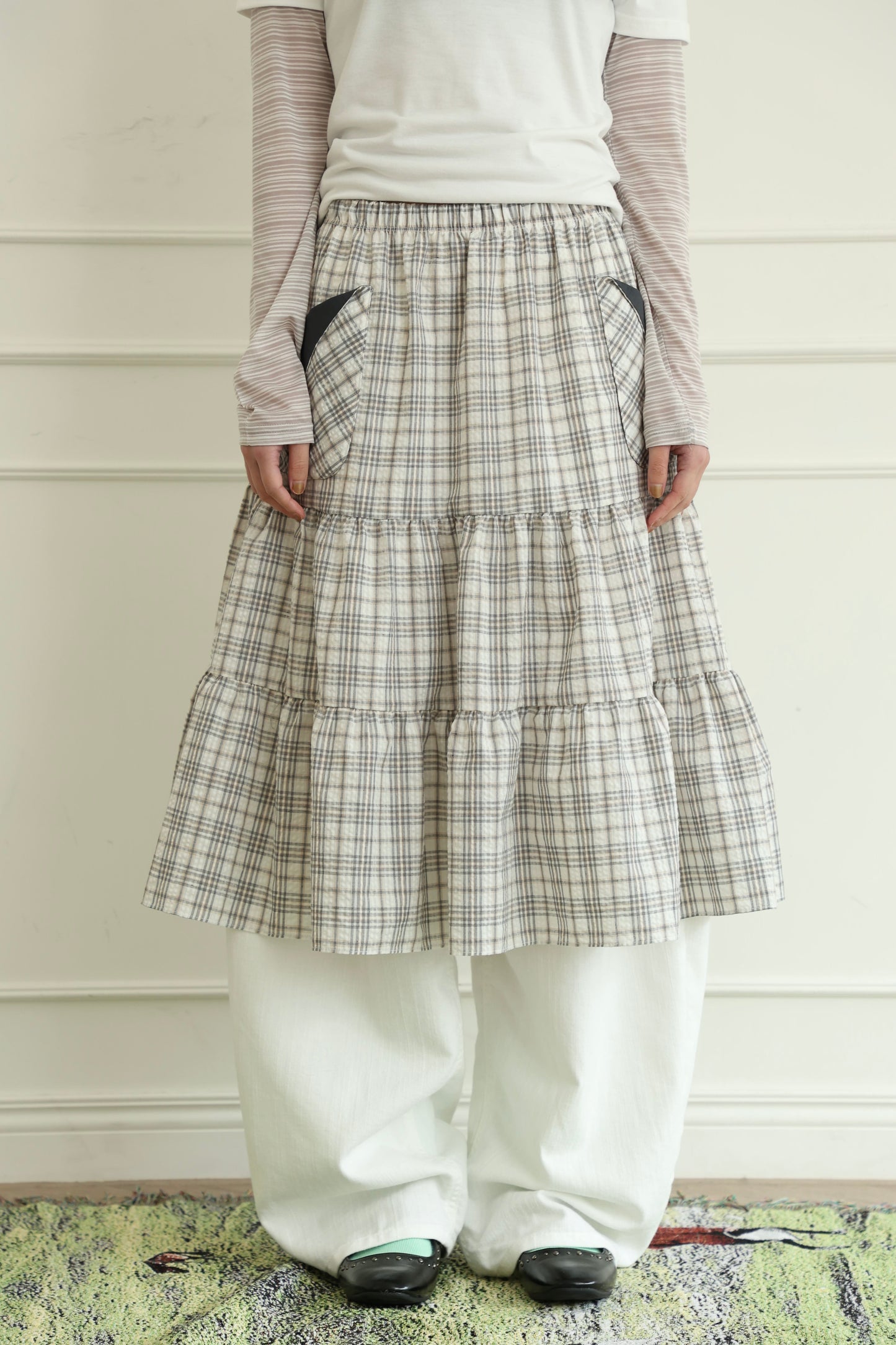 Pancake Check Button Midi Skirt