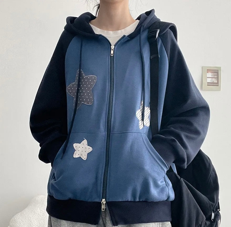星星插肩連帽雙拉鏈外套
