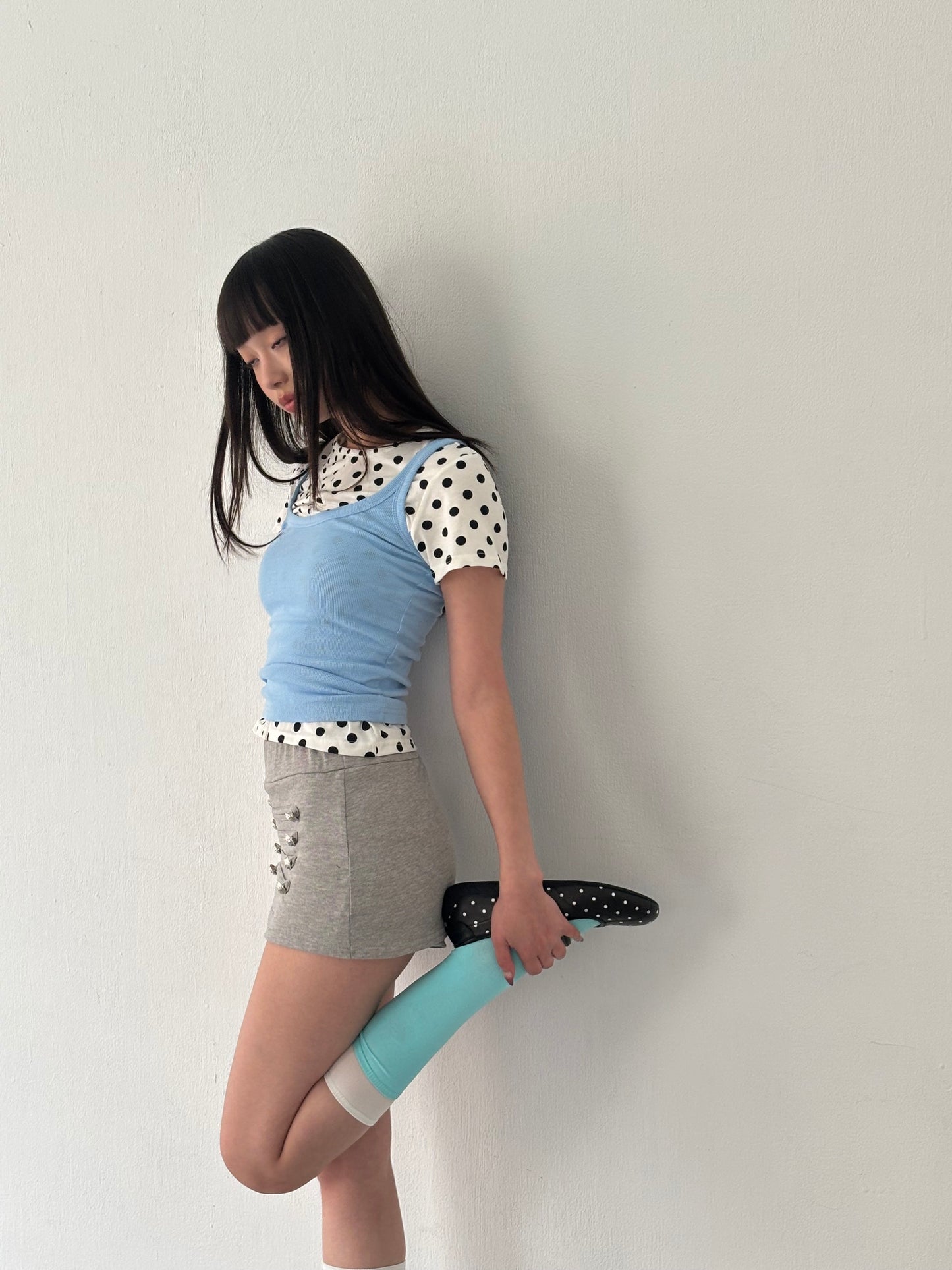 polka dot patchwork short-sleeved top