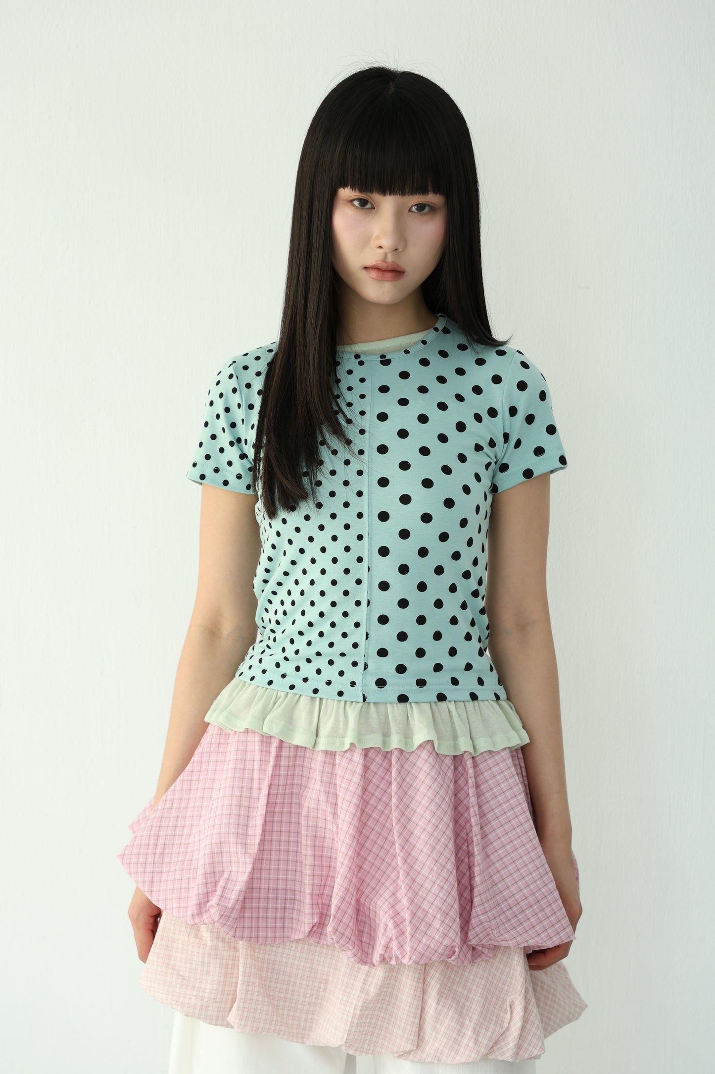 polka dot patchwork short-sleeved top