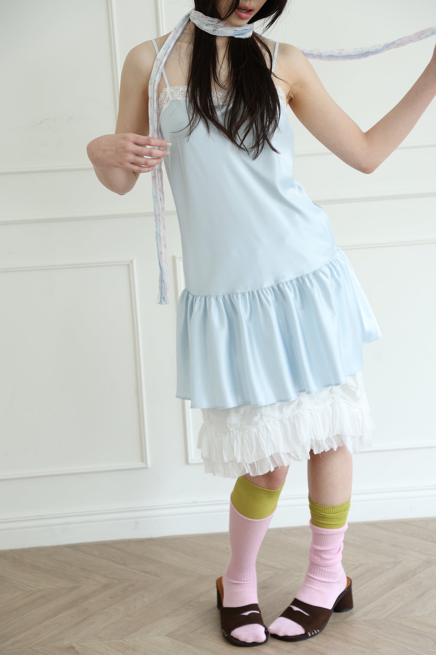 Thin-strap satin lace-trimmed camisole dress