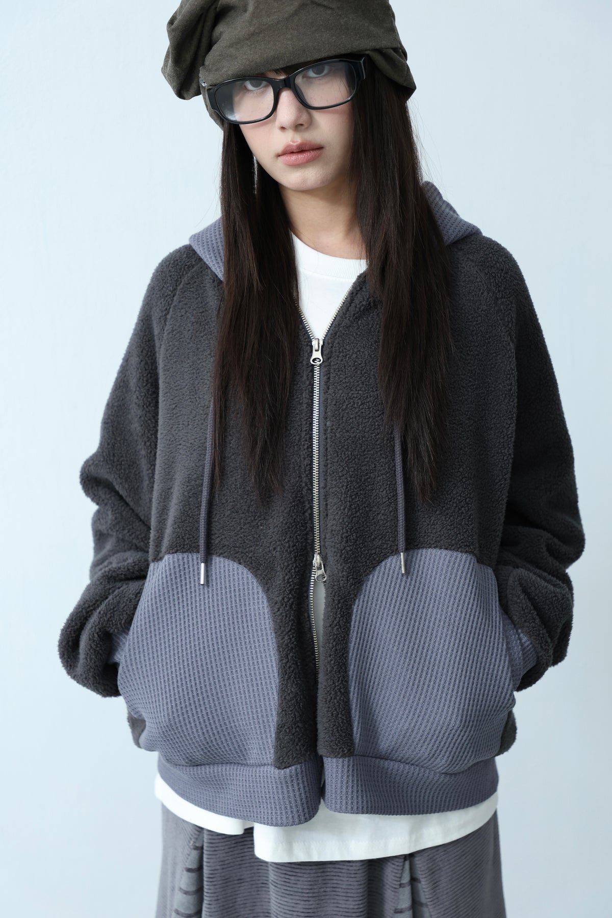 Hooded jacket with mixed materials