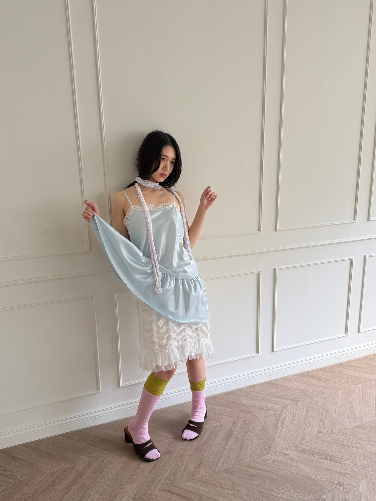Thin-strap satin lace-trimmed camisole dress