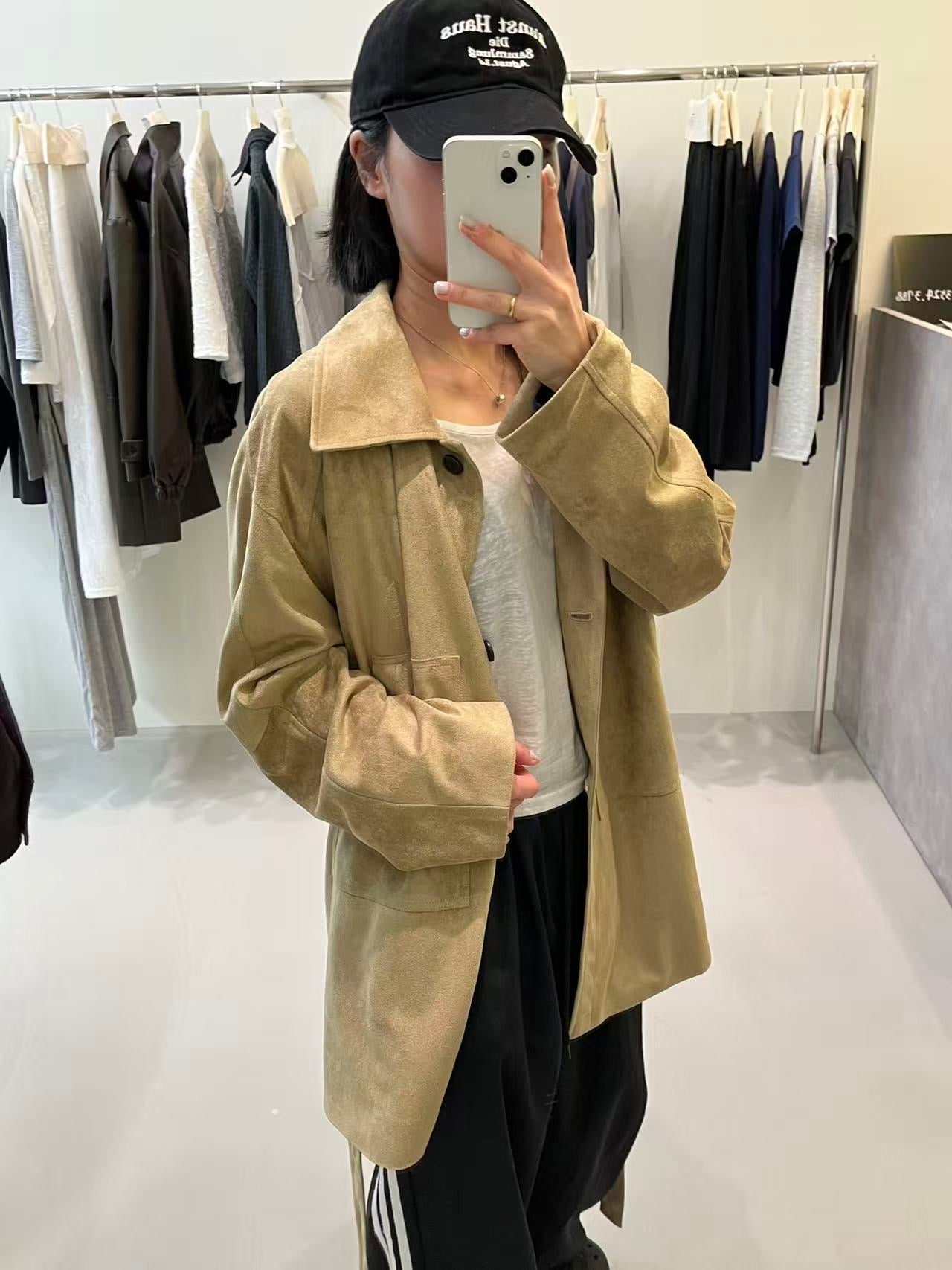 韓國製 麂皮感綁帶長版大衣