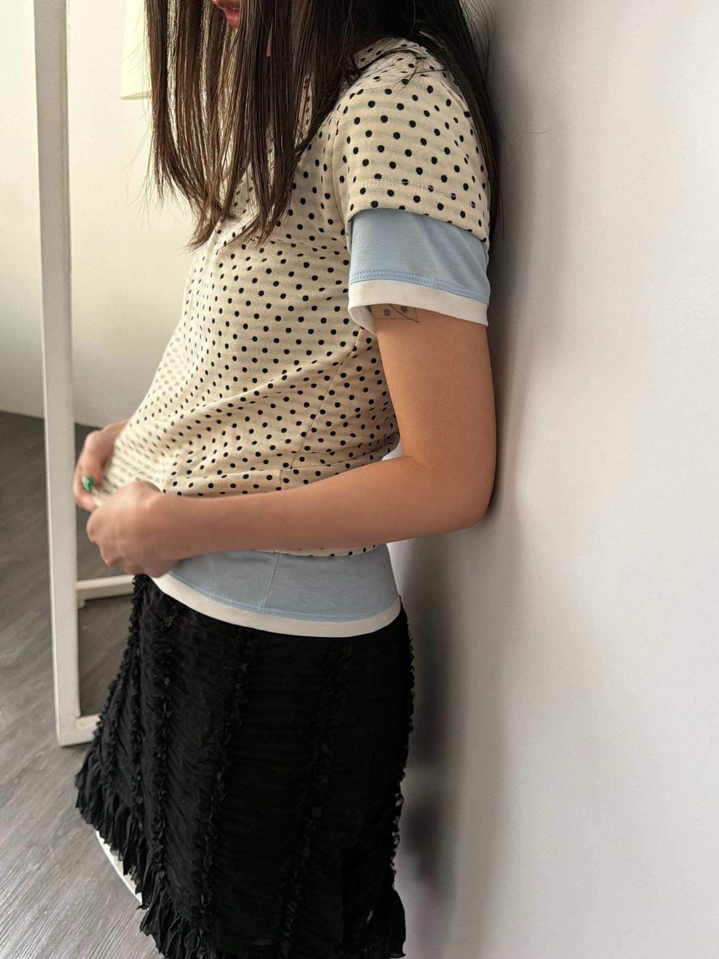 polka dot top with off-shoulder design