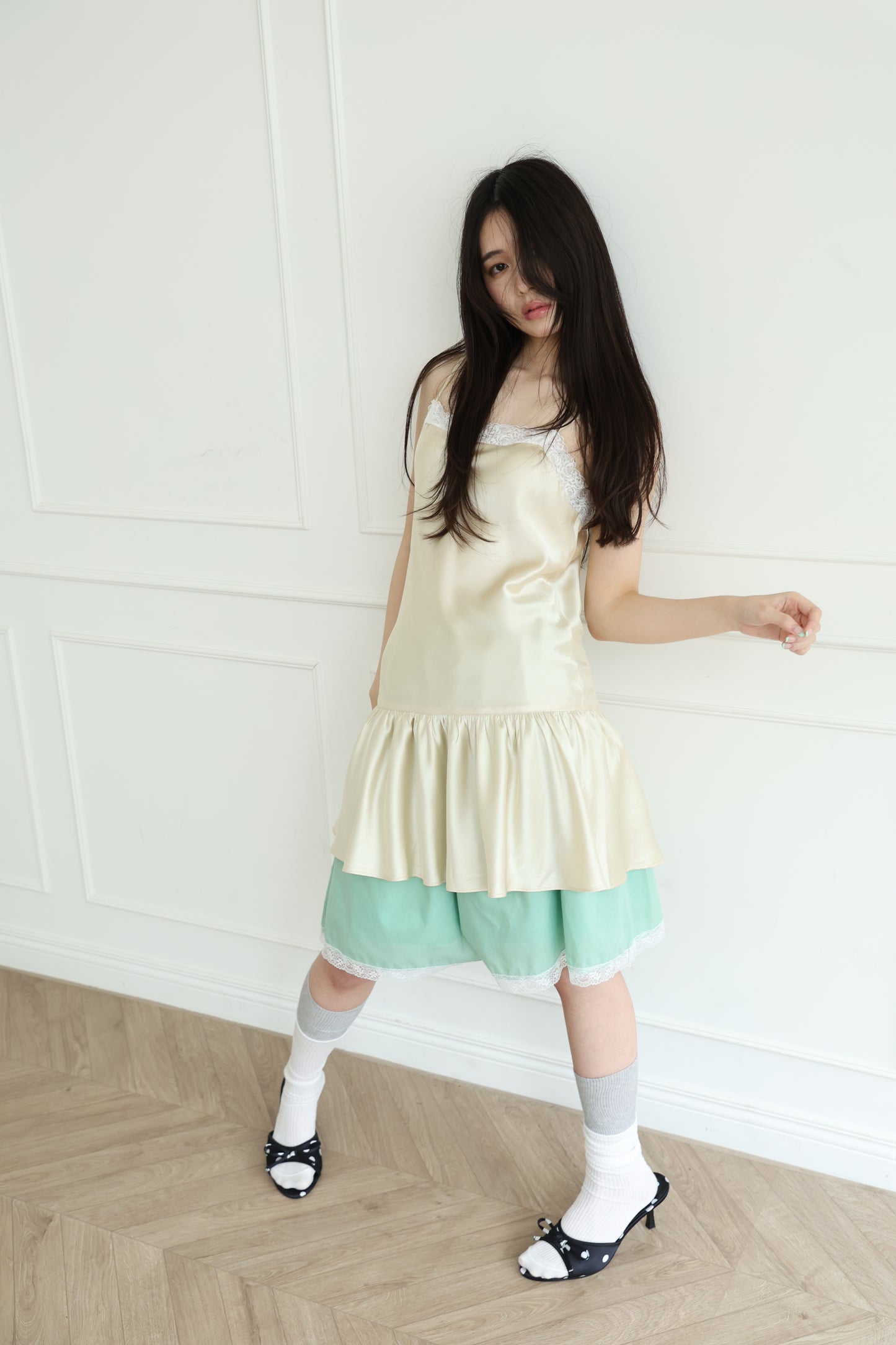 Thin-strap satin lace-trimmed camisole dress