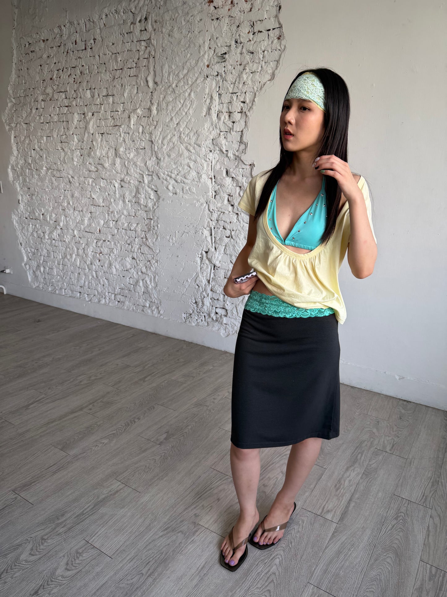 Lace color-blocked cotton skirt