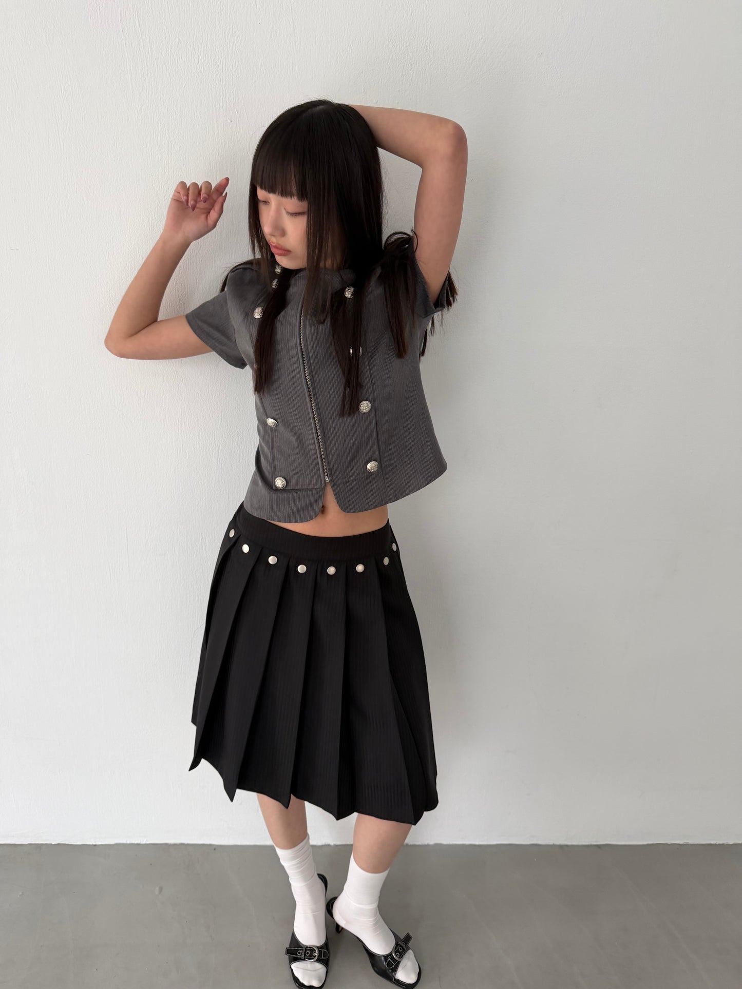 Studded striped suit pleated skirt