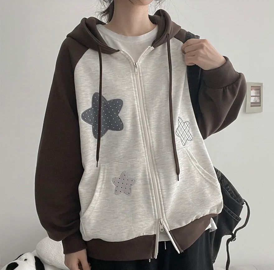星星插肩連帽雙拉鏈外套