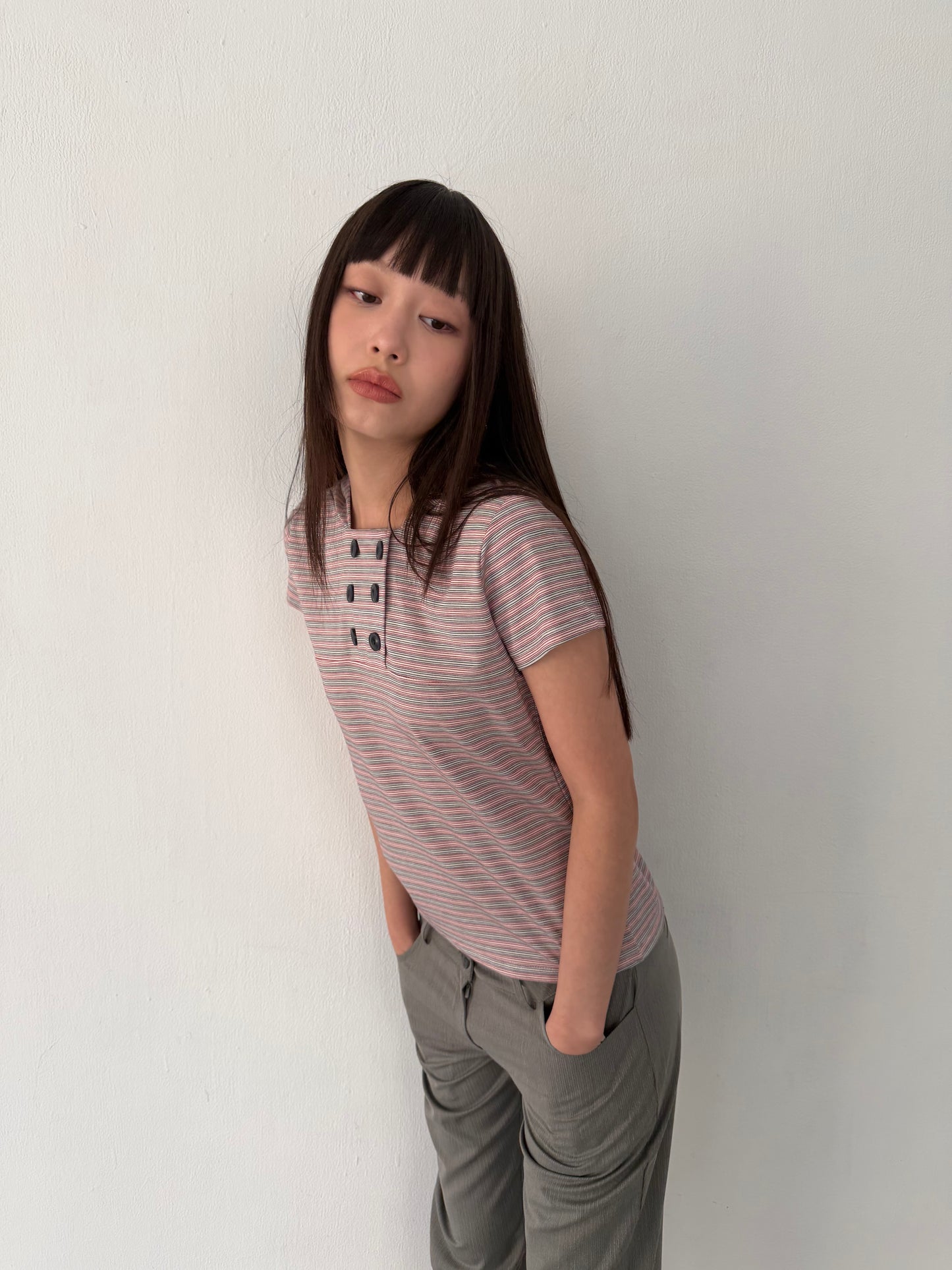 Striped button-down hooded short-sleeved top